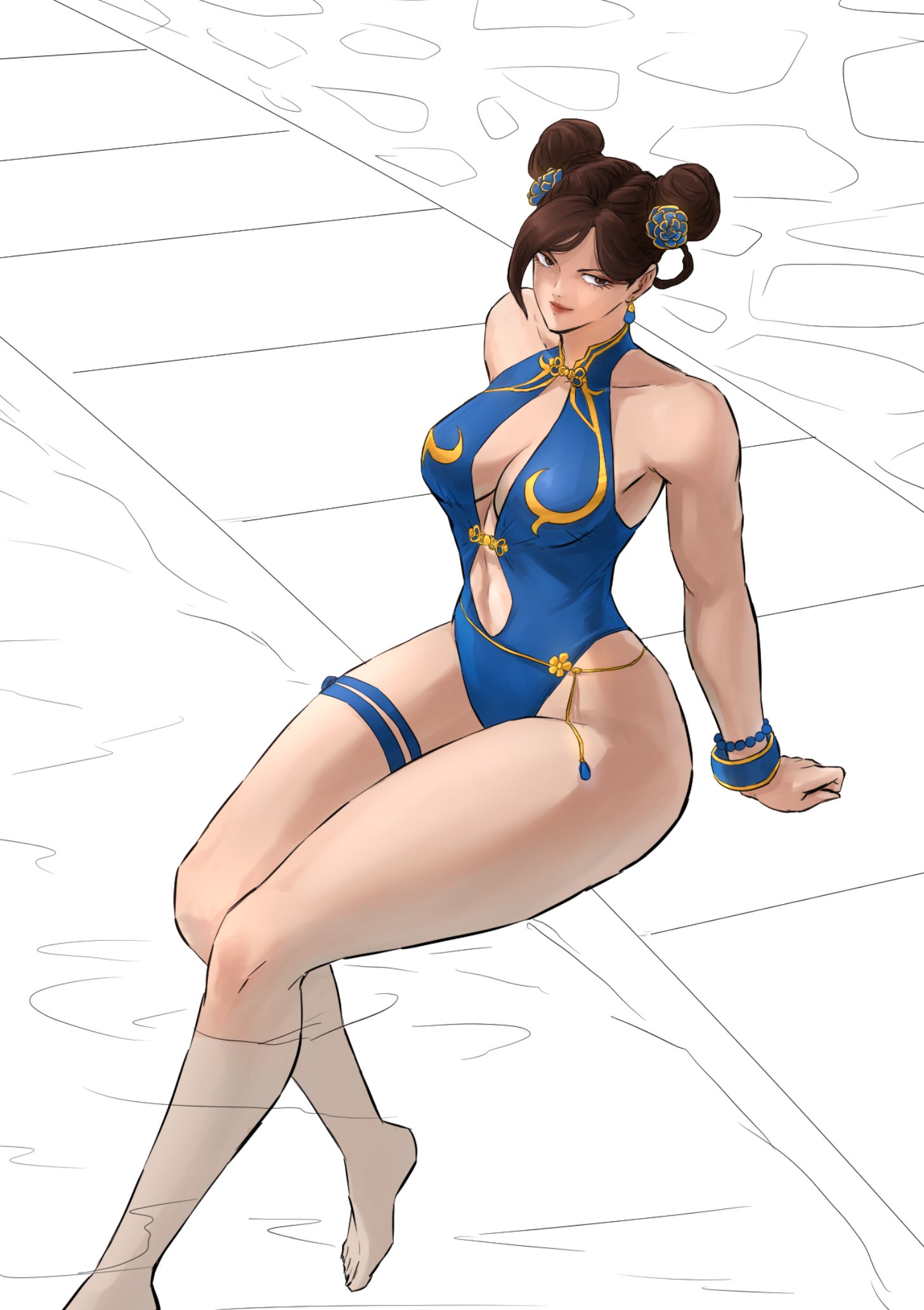 chun-li, capcom, street fighter, street fighter 6, commentary, english commentary, highres, unfinished, arm support, barefoot, belt, blue one-piece swimsuit, bracelet, breasts, brown hair, center opening, collarbone, double bun, earrings, hair bun, jewelry, looking at viewer, official alternate costume, one-piece swimsuit, pichiuzzz, poolside, sitting, swimsuit, thigh belt, thigh strap