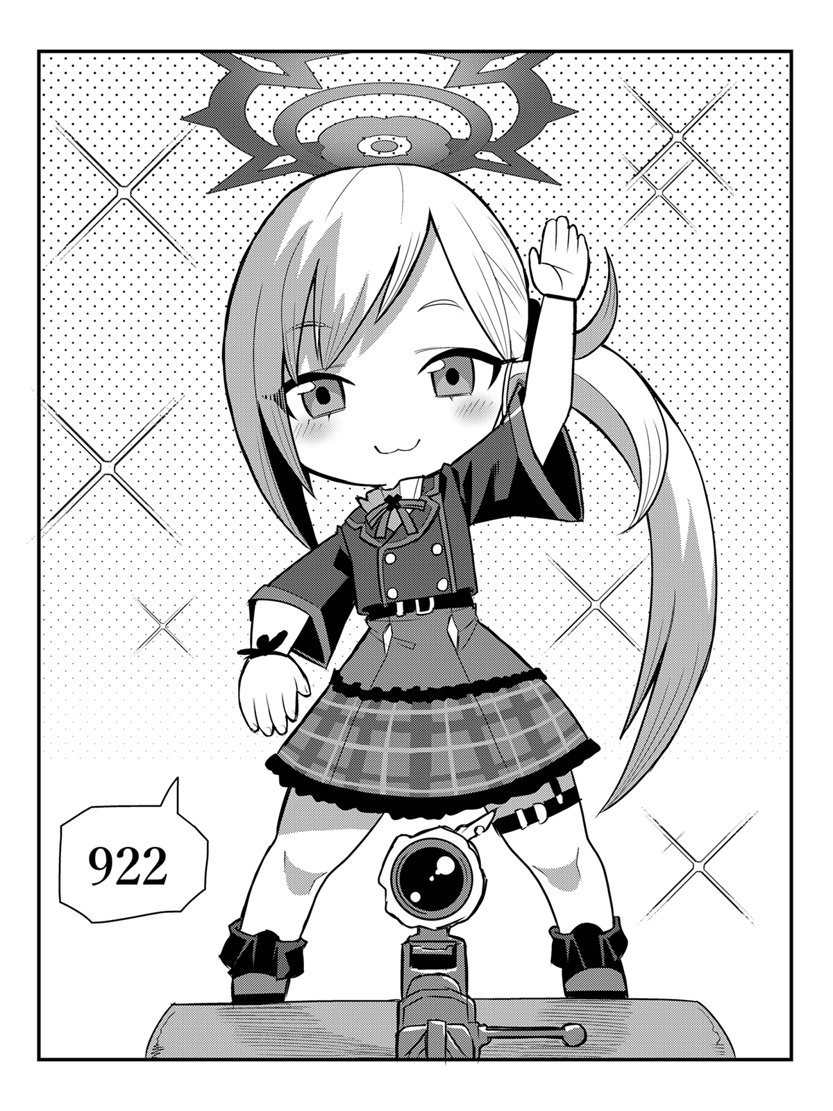 mutsuki (blue archive), blue archive, highres, 1girl, :3, arm up, blush, bolt action, border, chads dancing to california gurls (meme), chibi, closed mouth, full body, greyscale, gun, halo, legs apart, long hair, looking at viewer, meme, monochrome, mosin-nagant, nicebaka2525, polka dot, polka dot background, rifle, school uniform, scope, side ponytail, smile, solo, sparkle, standing, weapon, white border