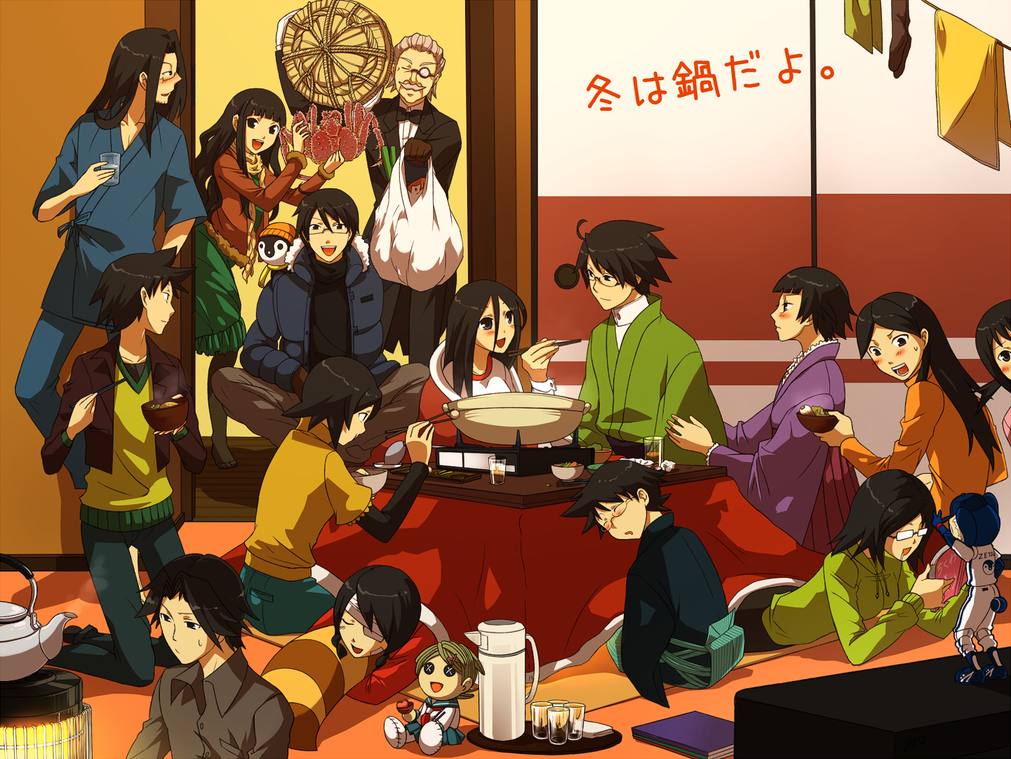 milcho, mirucho, fujiyoshi harumi, fuura kafuka, hitou nami, itoshiki kei, itoshiki majiru, itoshiki mikoto, itoshiki nozomu, itoshiki rin, kaga ai, kitsu chiri, kobushi abiru, komori kiri, kudou jun, tokita (szs), tsunetsuki matoi, sayonara zetsubou sensei, 00s, 6+boys, 6+girls, bandage over one eye, bandages, blush, doll, multiple boys, multiple girls, pornography, yaoi (object)