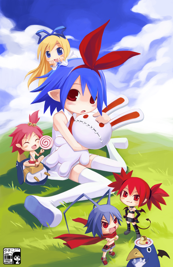 yukiko minazuki, etna (disgaea), flonne, hanako (disgaea), laharl, pleinair, prinny, usagi-san, disgaea, makai senki disgaea, makai senki disgaea 2, makai senki disgaea 3, nippon ichi, original, 00s, 1boy, 4girls, bat wings, blonde hair, blue eyes, collar, demon girl, elbow gloves, flat chest, gloves, long hair, miniskirt, multiple girls, pointy ears, rabbit, red eyes, red hair, ribbon, short hair, skirt, tail, twintails, wings