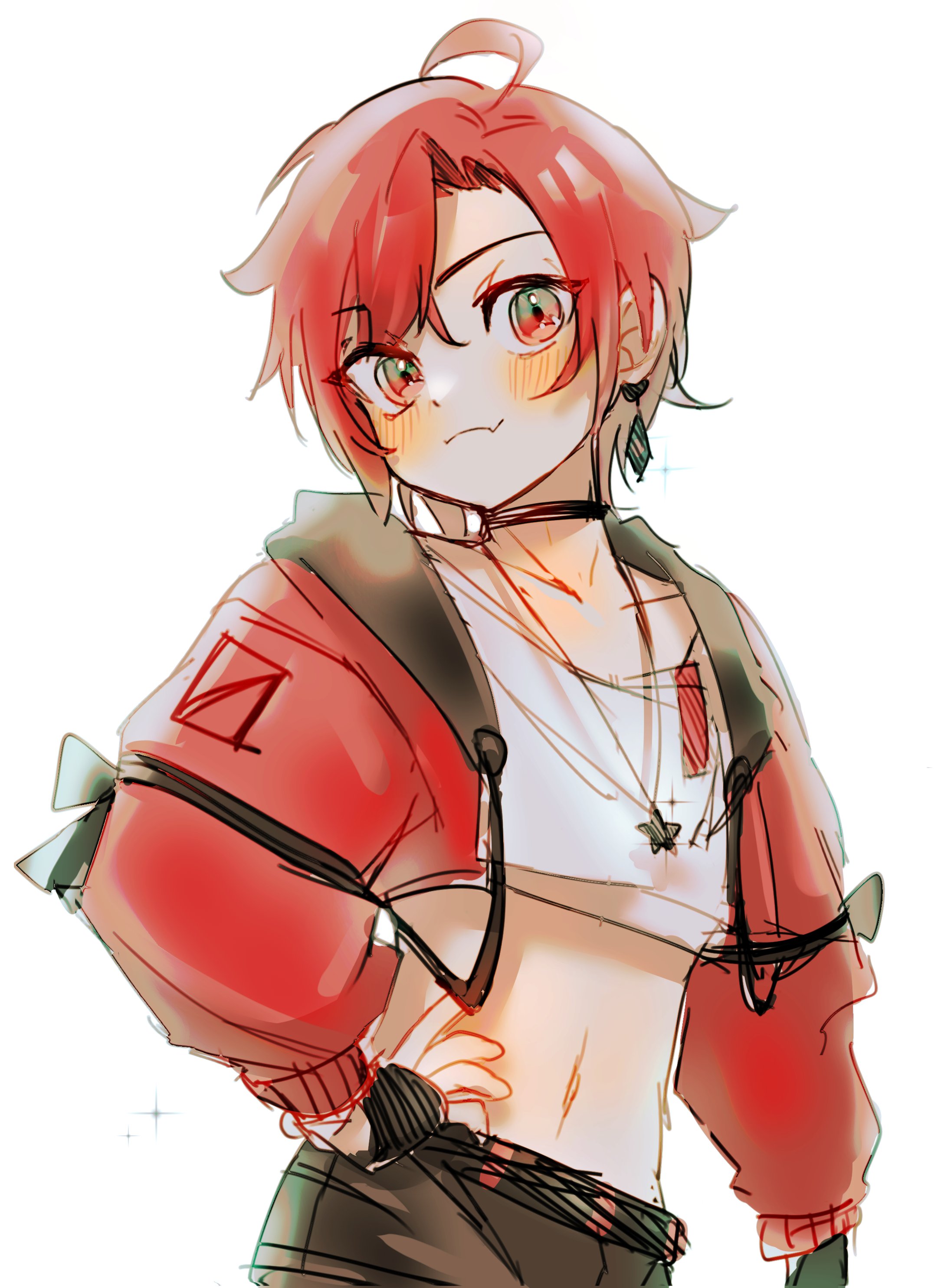 amain dudu, machina x flayon, holostars, holostars english, absurdres, commentary, highres, symbol-only commentary, 1boy, ahoge, choker, cropped shirt, fang, hair between eyes, hand on own hip, jacket, long sleeves, looking at viewer, male focus, navel, red hair, red jacket, short hair, side part, skin fang, smile, solo, upper body, virtual youtuber, white background