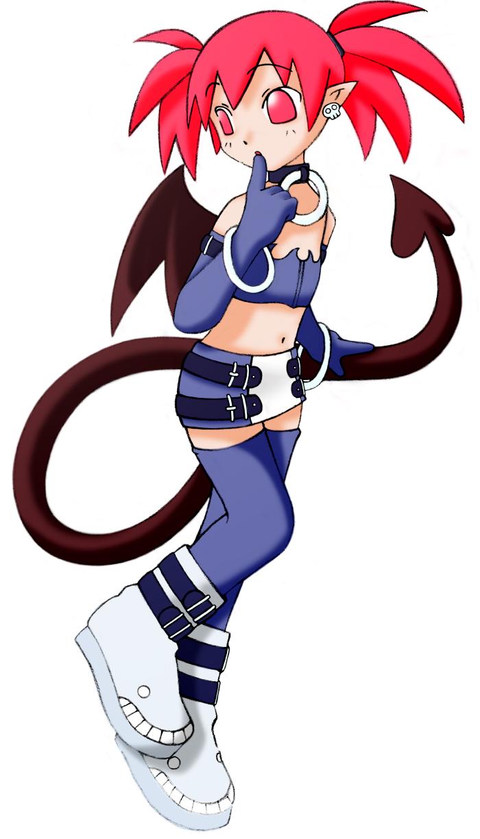 etna (disgaea), disgaea, makai senki disgaea, makai senki disgaea 2, makai senki disgaea 3, nippon ichi, highres, 00s, 1girl, bat wings, collar, demon girl, elbow gloves, female focus, gloves, miniskirt, pointy ears, red eyes, red hair, simple background, skirt, solo, tail, twintails, wings