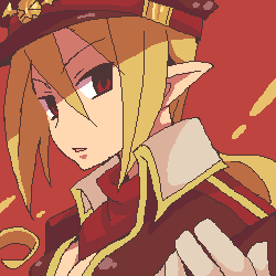 tsuyuka (sunny spot), salvatore, salvatore (disgaea), disgaea, makai senki disgaea, makai senki disgaea 2, makai senki disgaea 3, nippon ichi, lowres, 00s, 1girl, blonde hair, demon girl, female focus, hat, long hair, pointy ears, red eyes, solo