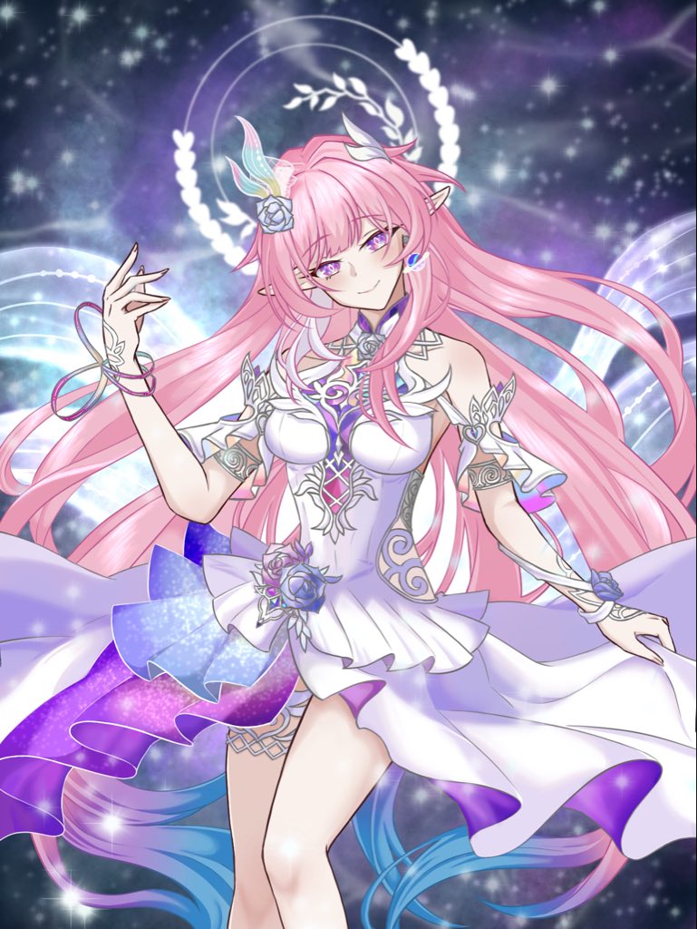 cyrene (honkai: star rail), cyrene (ripples of past reverie) (honkai: star rail), honkai: star rail, honkai (series), commentary request, 0428 okami, 1girl, aqua hair, bare shoulders, breasts, clothing cutout, dress, earrings, flower, gradient hair, hair flower, hair ornament, halo, jewelry, large breasts, long hair, medium hair, multicolored hair, pink hair, pointy ears, purple eyes, side cutout, sky, solo, star (sky), starry sky, thighs, very long hair, white dress, white hair