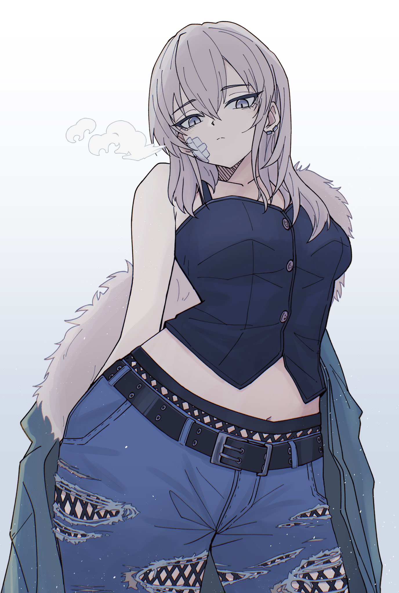 n nai nai n, kawaragi momoka, girls band cry, highres, 1girl, bandaid, bandaid on face, belt, black belt, black camisole, blue pants, breasts, breath, camisole, cowboy shot, earclip, fishnet pantyhose, fishnets, from below, grey eyes, grey hair, hair between eyes, light particles, long hair, looking at viewer, medium breasts, midriff, navel, off shoulder, pants, pantyhose, pantyhose under pants, simple background, solo, torn clothes, torn pants, white background
