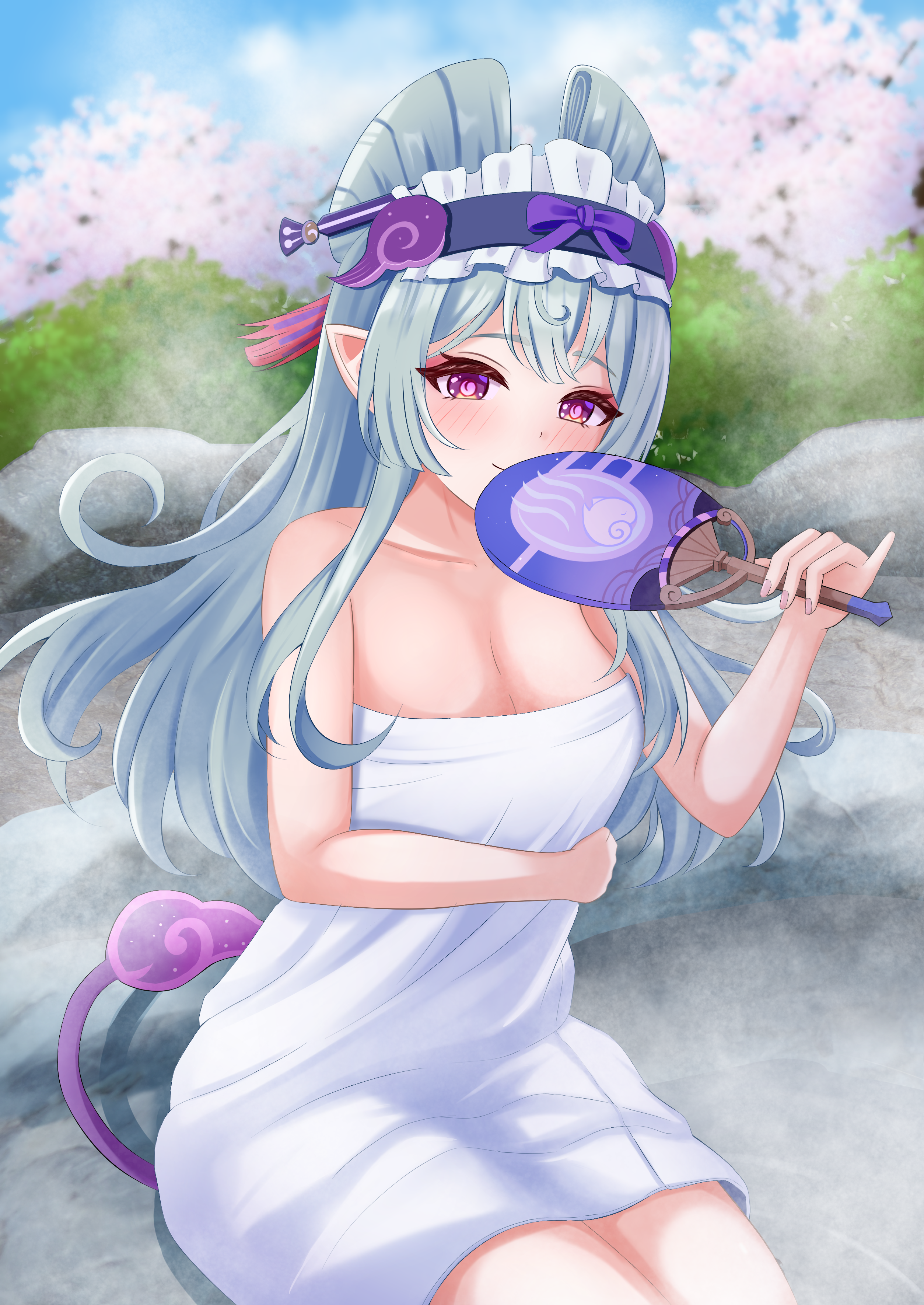 milletfly, yumemizuki mizuki, genshin impact, absurdres, commentary request, highres, paid reward available, 1girl, blue hair, blush, breasts, cleavage, closed mouth, collarbone, day, fingernails, hand fan, hand up, holding, holding fan, long hair, looking at viewer, nail polish, naked towel, nihongami, onsen, outdoors, partially submerged, pointy ears, purple eyes, purple nails, sitting, solo, symbol-shaped pupils, tail, tapir tail, towel, very long hair
