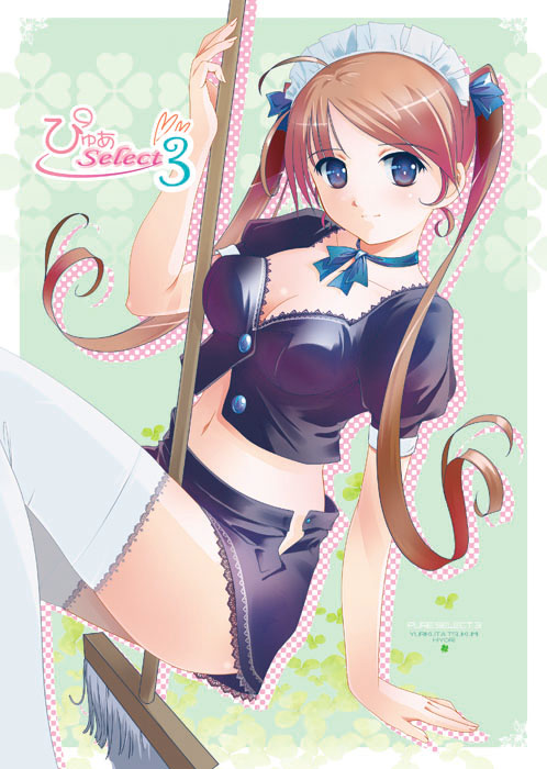 yurikuta tsukumi, original, 1girl, ahoge, between legs, blush, breasts, broom, brown hair, choker, cleavage, collarbone, female focus, head tilt, looking at viewer, looking back, maid headdress, midriff, navel, puffy short sleeves, puffy sleeves, purple eyes, ribbon choker, short sleeves, skirt, smile, solo, thighhighs, twintails, white thighhighs