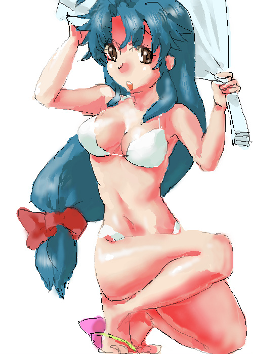 guliru, chidori kaname, full metal panic!, bad id, bad pixiv id, 00s, 1girl, bikini, blue hair, brown eyes, female focus, flip-flops, green hair, long hair, low-tied long hair, sandals, solo, swimsuit, towel, white bikini