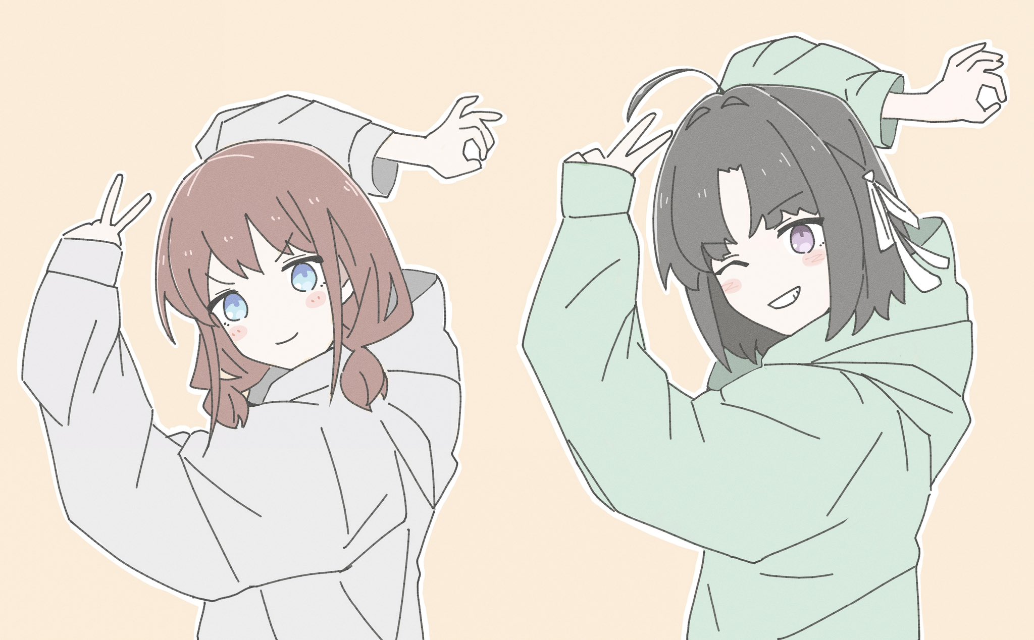 n nai nai n, awa subaru, iseri nina, girls band cry, goodbye sengen (vocaloid), commentary, highres, 2girls, ahoge, arms up, black hair, blue eyes, brown hair, green hoodie, grey hoodie, hair ribbon, hood, hood down, hoodie, low twintails, multiple girls, official alternate hair length, official alternate hairstyle, ok sign, one-eyed, open mouth, outline, parted bangs, purple eyes, ribbon, short hair, short twintails, sleeves past wrists, twintails, v, white outline, white ribbon