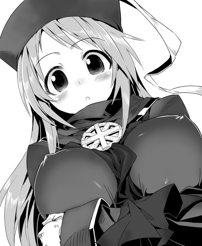 fbc, alena (dq4), chunsoft, dragon quest, dragon quest iv, enix, 1girl, blush, breasts, cleavage, covered erect nipples, female focus, greyscale, large breasts, monochrome, nipples, simple background, solo