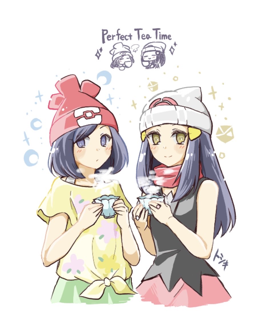 tototo neko, dawn (pokemon), selene (pokemon), nintendo, pokemon, pokemon adventures, commentary request, 2girls, black eyes, black hair, black shirt, chibi, chibi inset, closed mouth, cup, green shorts, hair ornament, hairclip, hat, holding, holding cup, long hair, looking at viewer, multiple girls, pink skirt, red hat, red scarf, scarf, shirt, short hair, short sleeves, shorts, skirt, sleeveless, sleeveless shirt, smile, steam, teacup, white hat, yellow eyes, yellow shirt