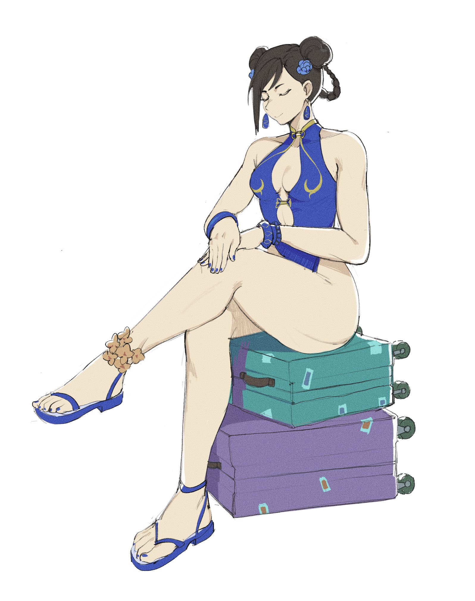 buzzo, chun-li, capcom, street fighter, street fighter 6, highres, 1girl, ankle scrunchie, black hair, blue nails, blue one-piece swimsuit, blue sandals, breasts, center opening, closed eyes, collarbone, crossed legs, double bun, earrings, flower, full body, hair bun, hair flower, hair ornament, hair rings, hands on own knee, jewelry, nail polish, official alternate costume, one-piece swimsuit, sandals, scrunchie, sitting, sitting on object, solo, swimsuit, wrist scrunchie