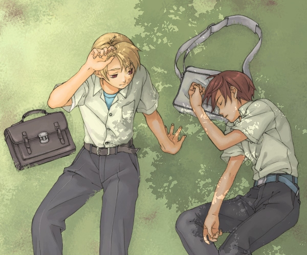houjou satoshi, maebara keiichi, higurashi no naku koro ni, non-web source, 00s, 2boys, bag, blonde hair, brown hair, male focus, multiple boys, school uniform, short hair