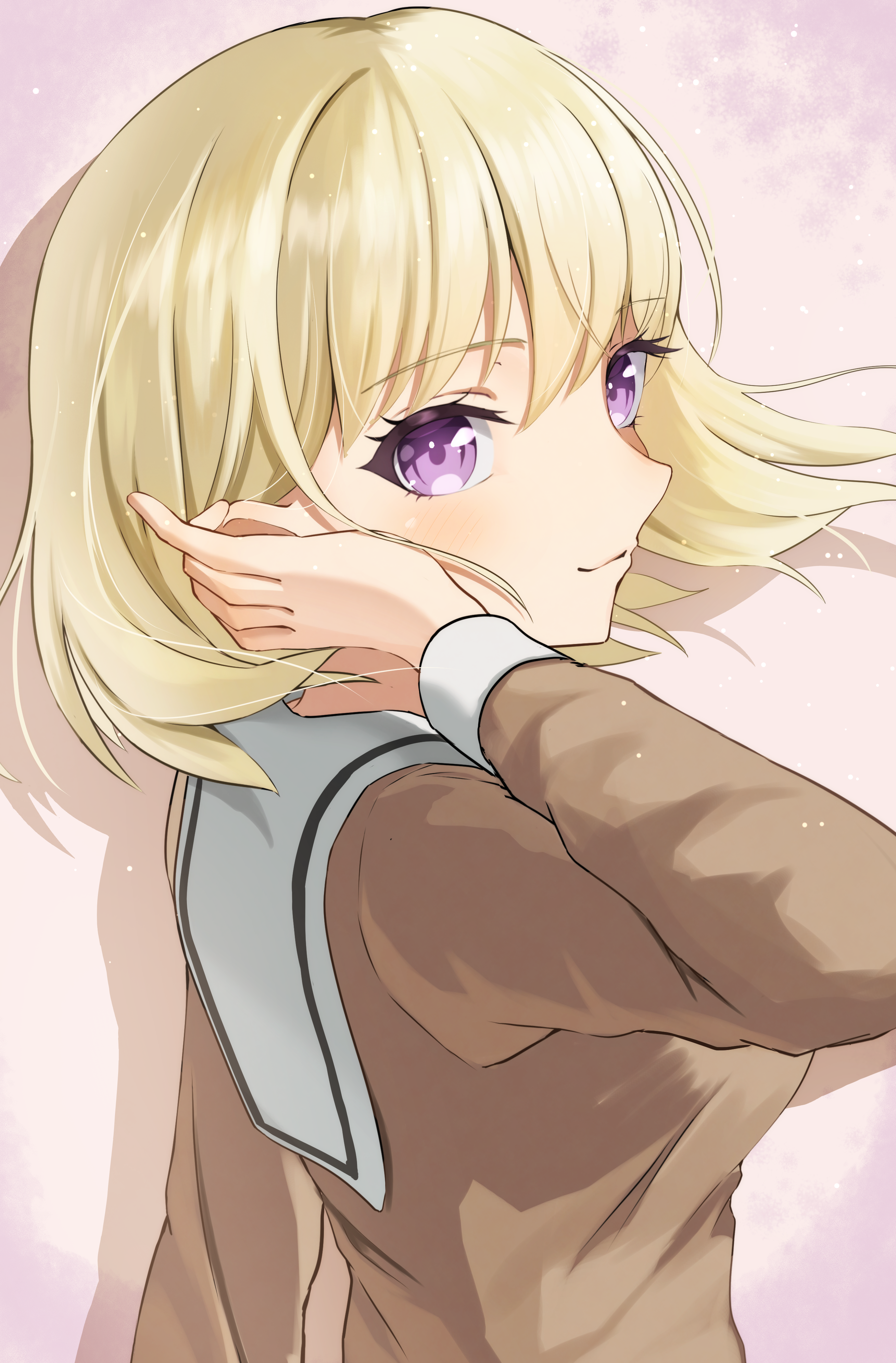 nanafuku, misumi uika, bang dream!, bang dream! it's mygo!!!!!, absurdres, commentary, highres, spoilers, 1girl, blonde hair, brown dress, closed mouth, dress, floating hair, hanasakigawa school uniform, light particles, medium hair, purple eyes, sailor collar, school uniform, solo, upper body, white sailor collar