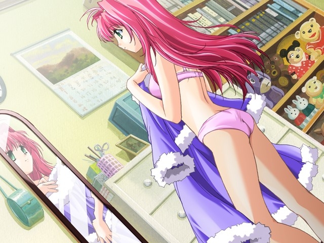 lugosi ela, wasurekaketa kokoro no kakera, game cg, non-web source, 1girl, bra, clothes in front, covering privates, dress, dress in front, dutch angle, female focus, green eyes, lingerie, long hair, mirror, panties, pink hair, reflection, solo, underwear, underwear only