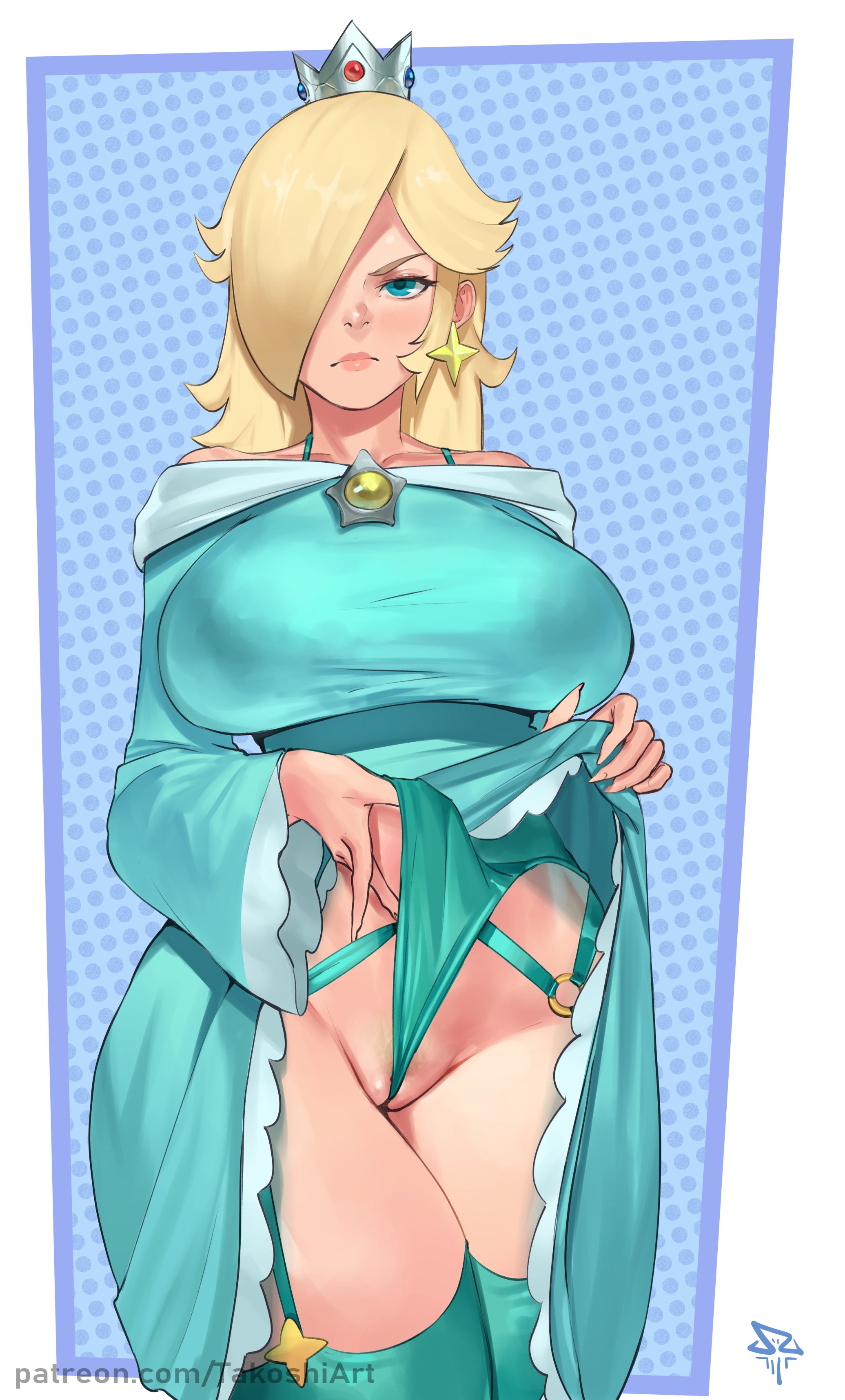 takoshi, rosalina, mario (series), nintendo, super mario galaxy, absurdres, highres, 1girl, annoyed, aqua dress, between labia, blonde hair, blue eyes, breasts, brooch, clothes lift, crown, dress, dress lift, earrings, female pubic hair, garter belt, garter straps, hair over one eye, huge breasts, jewelry, off-shoulder dress, off shoulder, panties, panty pull, pubic hair, pubic hair peek, silver crown, solo, star (symbol), star brooch, star earrings, thighhighs, underwear, wedgie