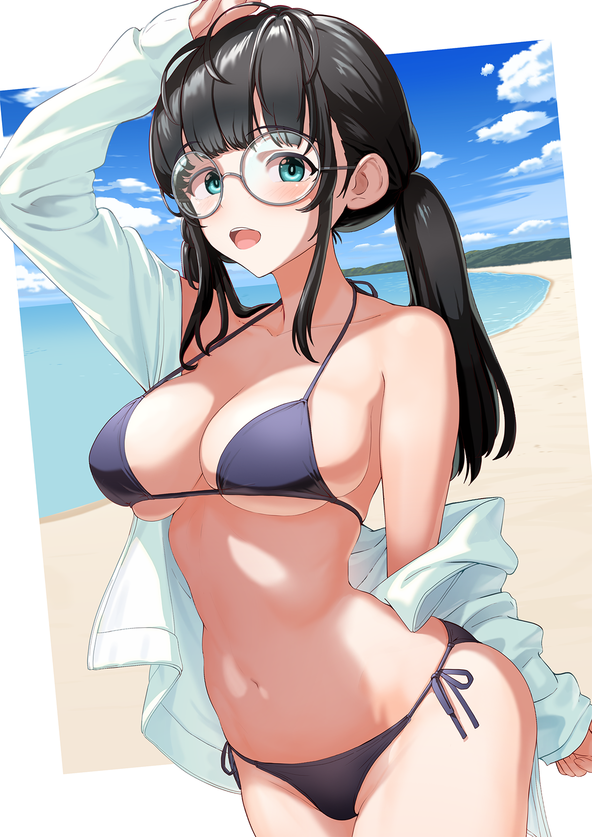effort star, original, commentary request, highres, 1girl, :d, antenna hair, aqua eyes, arm behind back, arm up, bare shoulders, beach, bikini, black bikini, black hair, blue sky, blush, border, breasts, cloud, collarbone, cowboy shot, day, dutch angle, glasses, grey-framed eyewear, groin, halterneck, hand on own head, horizon, jacket, large breasts, long hair, looking at viewer, low twintails, navel, ocean, off shoulder, open clothes, open jacket, open mouth, outdoors, outside border, round eyewear, side-tie bikini bottom, sidelocks, sky, sleeves past wrists, smile, solo, standing, stomach, string bikini, swimsuit, swimsuit cover-up, teeth, twintails, underboob, upper teeth only, water, white border, white jacket