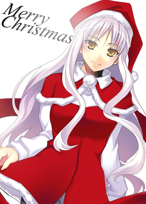 azu, caren hortensia, fate/hollow ataraxia, fate/stay night, fate (series), light purple hair, 00s, 1girl, christmas, female focus, pantyhose, santa costume, solo, yellow eyes