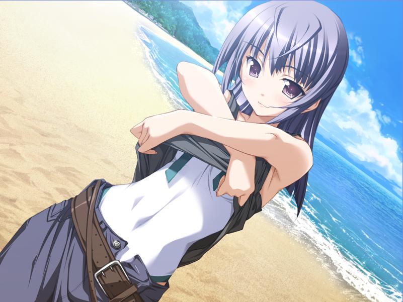 kurashima tomoyasu, izumi saya, ashita no kimi to au tame ni, game cg, non-web source, 1girl, beach, belt, blue hair, denim, dutch angle, female focus, jeans, long hair, one-piece swimsuit, pants, purple eyes, purple hair, skirt, smile, solo, swimsuit, swimsuit under clothes, unbuttoned, undressing, white one-piece swimsuit