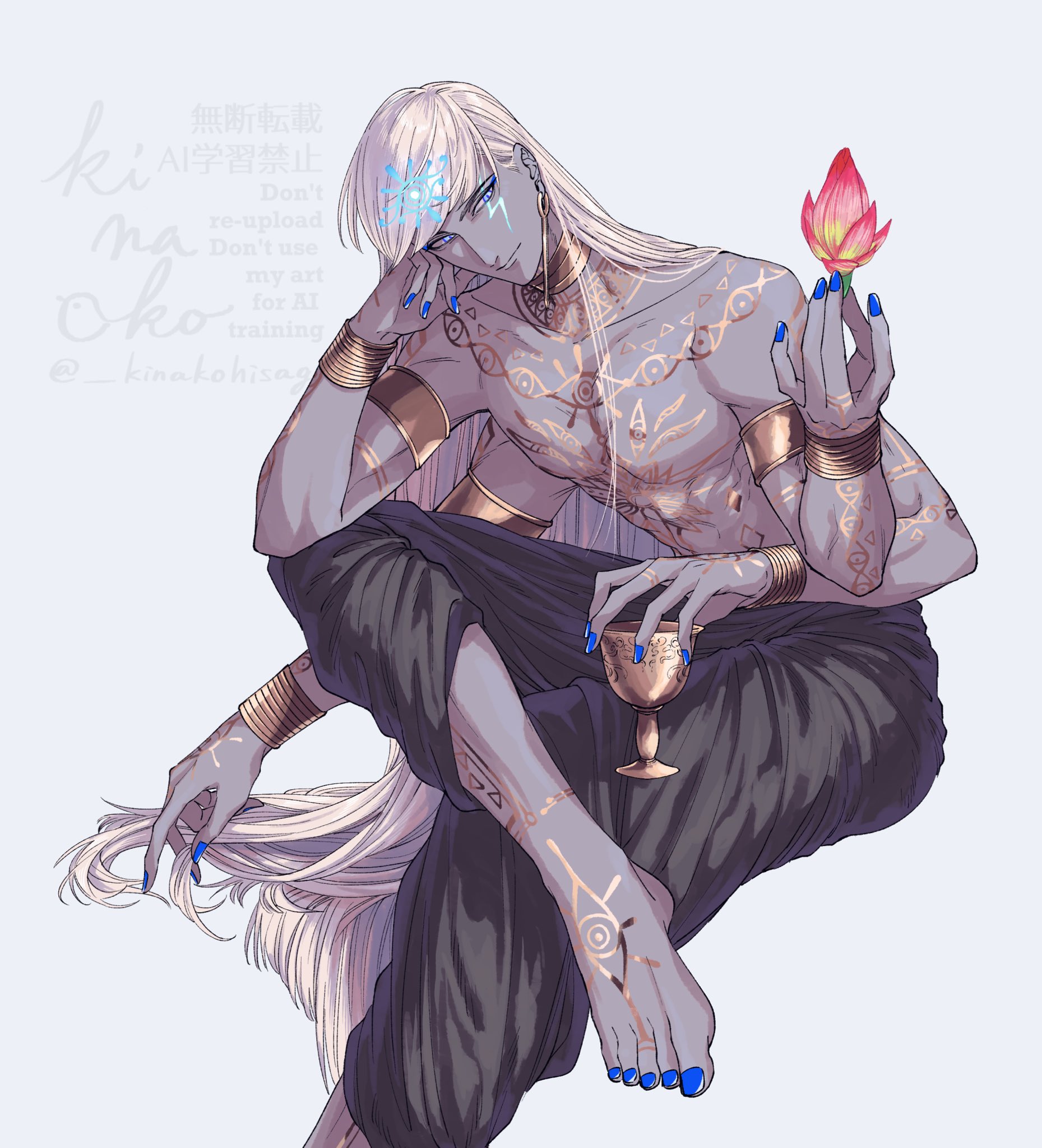 hisagikinako, indra (fate), fate/grand order, fate (series), gold armlet, highres, 1boy, armlet, artist name, bangle, barefoot, black pants, blue eyes, body markings, bracelet, choker, crossed legs, cup, extra arms, figure four sitting, flower, foot out of frame, gold choker, holding, holding cup, holding flower, jewelry, light smile, lightning bolt symbol, long hair, looking at flowers, male focus, nail polish, pants, signature, sitting, solo, topless male, very long hair, white hair