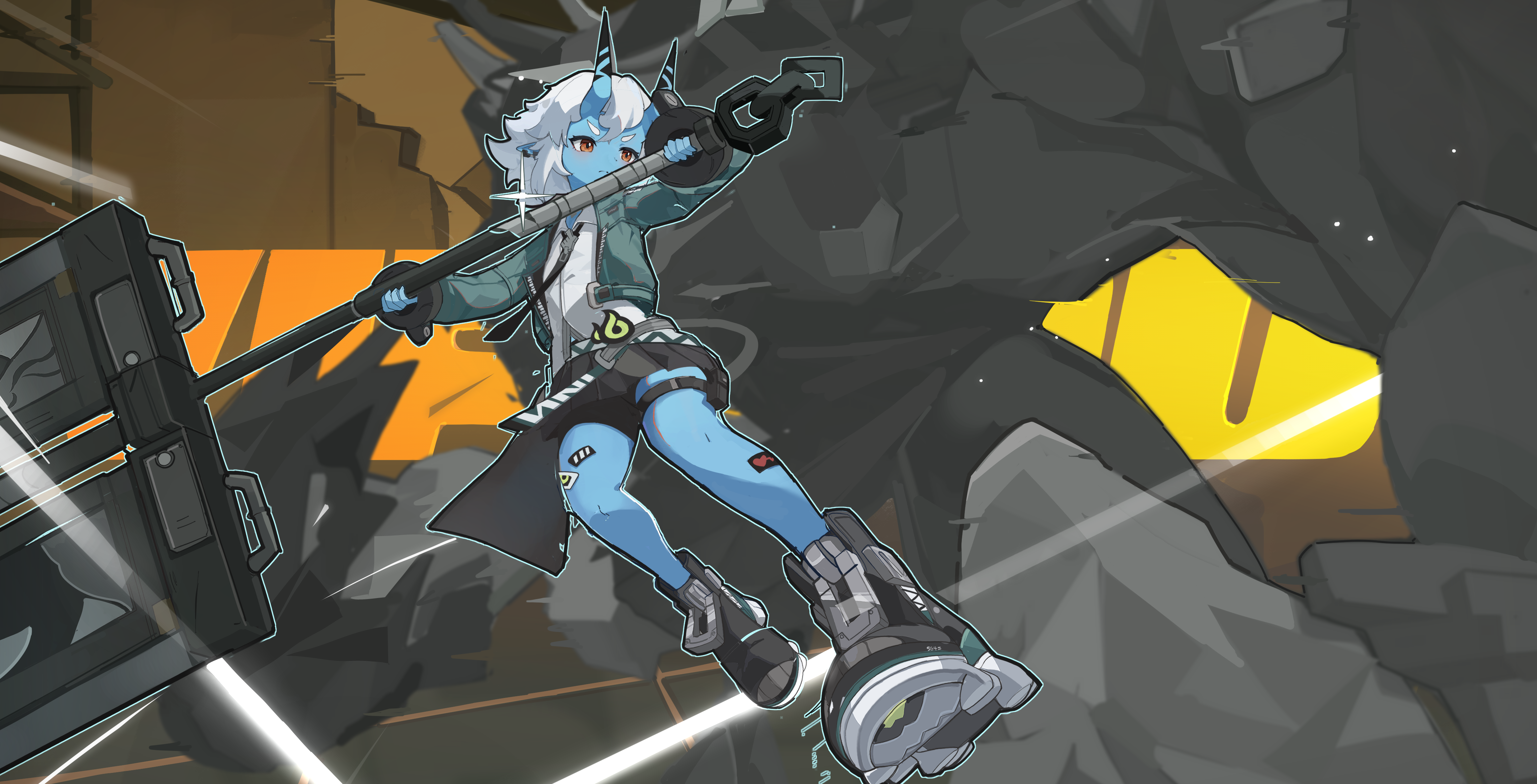 sun (65693337), ethereal (zenless zone zero), soukaku (zenless zone zero), zenless zone zero, absurdres, highres, 1girl, black shoes, black skirt, blue skin, brown eyes, colored skin, english text, green jacket, holding, holding weapon, horns, jacket, oni, pleated skirt, serious, shirt, shoes, skirt, solo focus, thigh strap, weapon, white hair, white shirt, zzz wipeout