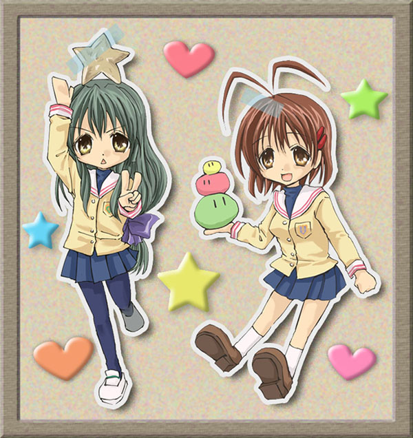 andagi, furukawa nagisa, ibuki fuuko, clannad, dango daikazoku, 00s, antenna hair, brown eyes, brown hair, dango, food, green hair, long hair, pantyhose, school uniform, short hair, starfish, wagashi