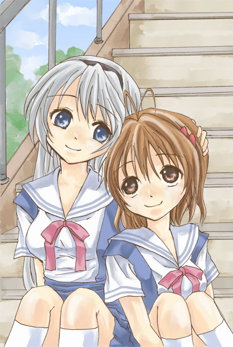 andagi, furukawa nagisa, sakagami tomoyo, clannad, silver hair, bad id, bad pixiv id, 00s, antenna hair, blue eyes, brown eyes, brown hair, long hair, school uniform, short hair