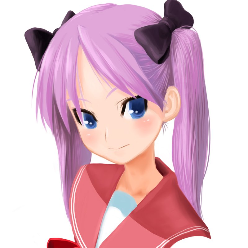 yapo (croquis side), hiiragi kagami, lucky star, 00s, 1girl, blue eyes, blush, female focus, hair ribbon, looking at viewer, purple eyes, purple hair, ribbon, school uniform, serafuku, smile, solo, twintails, upper body