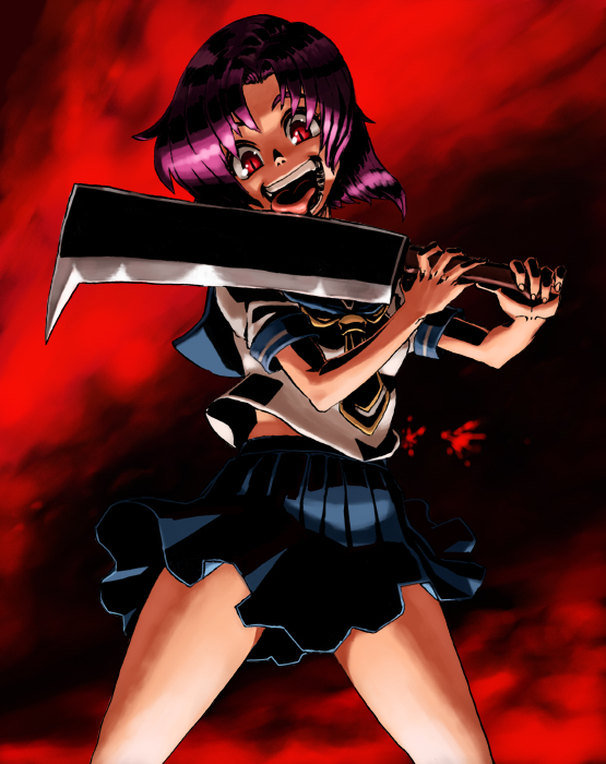 yapo (croquis side), ryuuguu rena, higurashi no naku koro ni, 00s, 1girl, billhook, crazy, crazy eyes, female focus, hashitsuki nata, hatchet, head tilt, licking, licking blade, licking weapon, looking at viewer, nata (tool), red hair, school uniform, short hair, slit pupils, solo, weapon, yandere