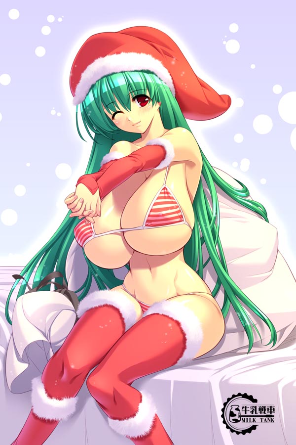 gunner-l, 1girl, bikini, breasts, brown eyes, christmas, female focus, green hair, huge breasts, one eye closed, own hands clasped, own hands together, sack, santa bikini, santa costume, snow, solo, string bikini, swimsuit, thighhighs, wink