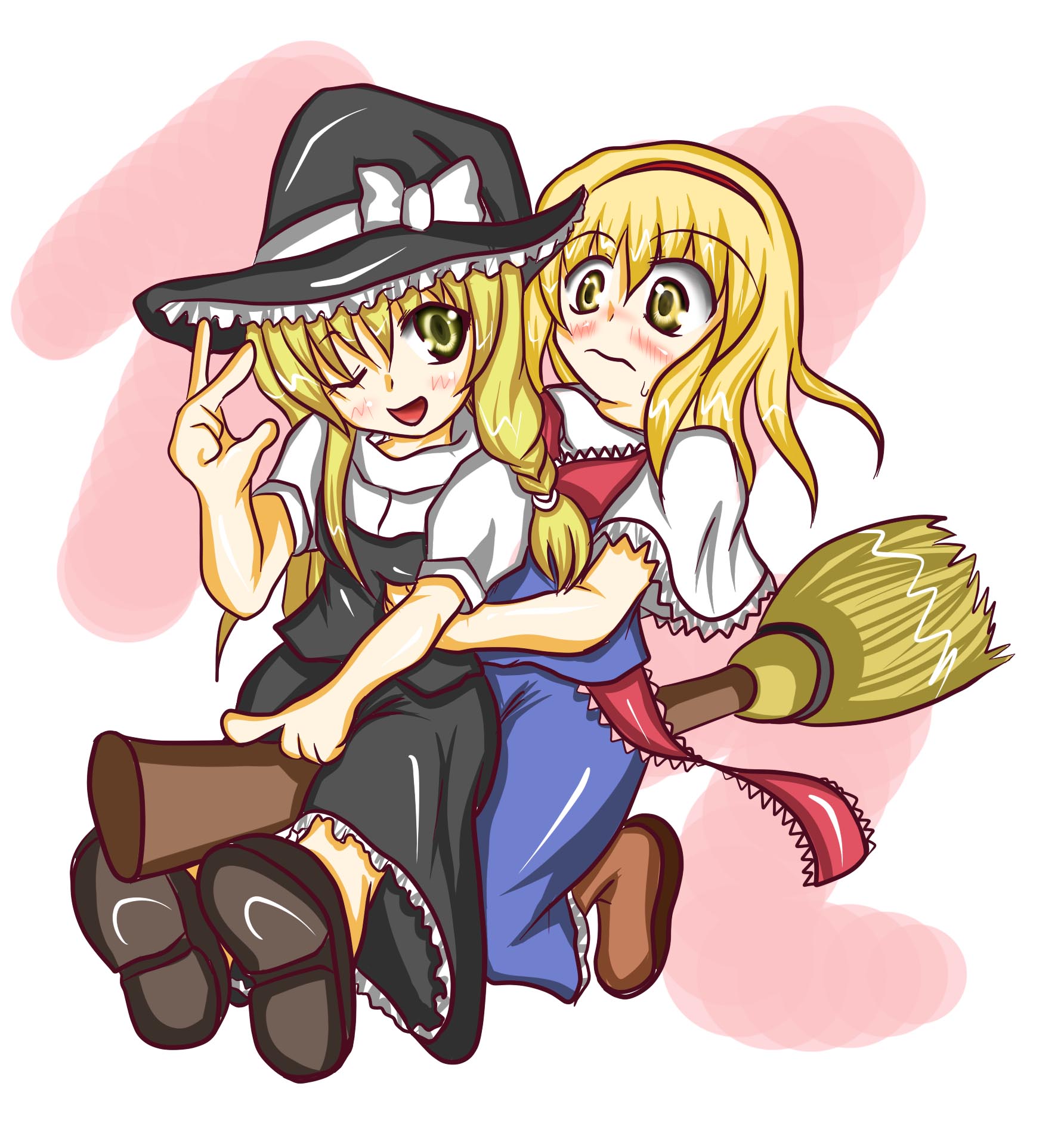 shi ecchi, alice margatroid, kirisame marisa, touhou, highres, 2girls, blonde hair, blush, broom, broom riding, female focus, hat, long hair, multiple girls, wink, witch, witch hat, yellow eyes