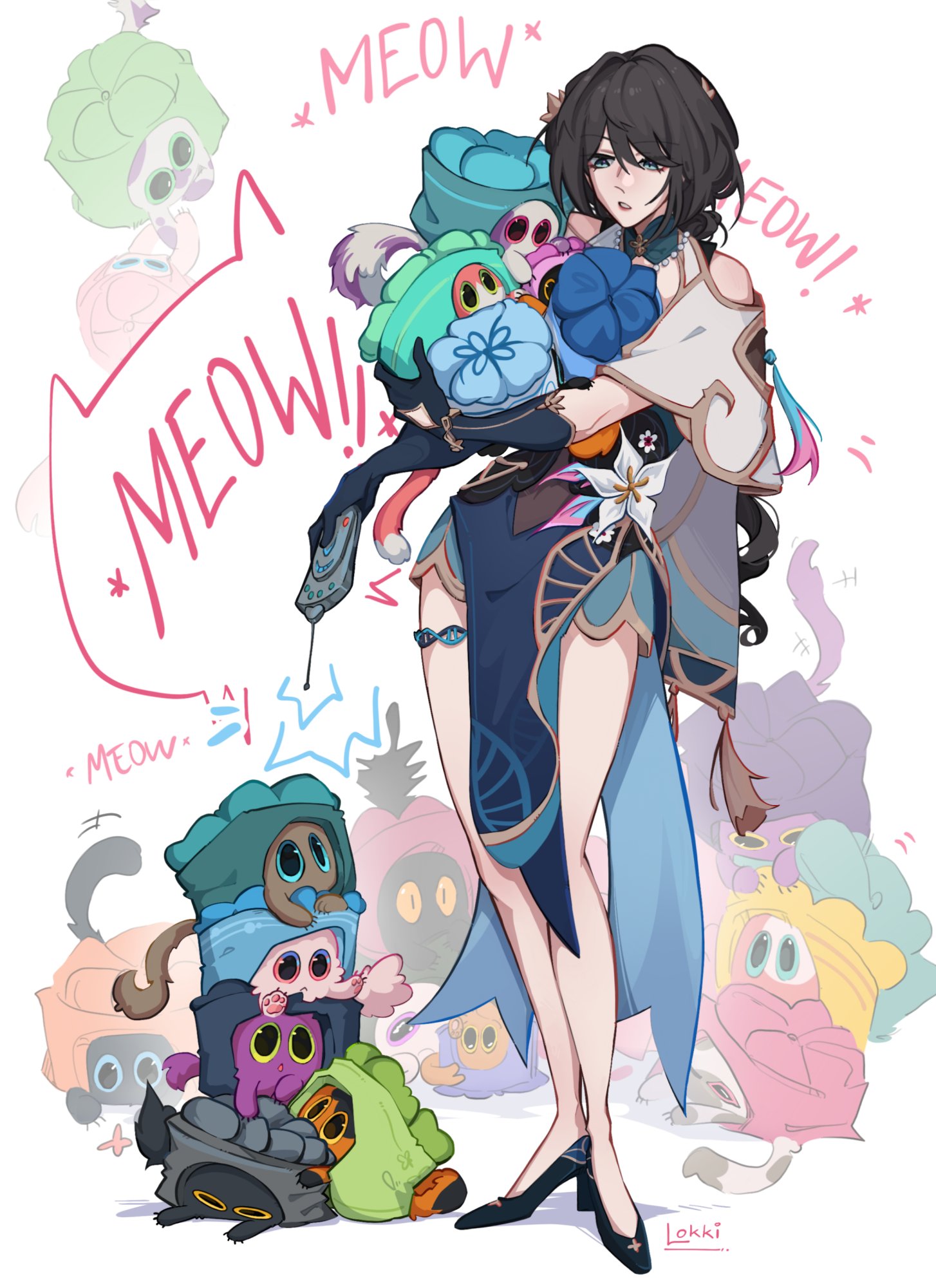 lokk1 png, critter pick (honkai: star rail), ruan mei (honkai: star rail), honkai: star rail, honkai (series), commentary, english commentary, highres, 1girl, animal hands, aqua dress, aqua eyes, bead necklace, beads, black hair, chinese clothes, clothing cutout, controller, dna, dress, floral print, flower, gloves, hair ornament, high heels, jewelry, long hair, necklace, remote control, speech bubble, tail, tassel, thigh strap
