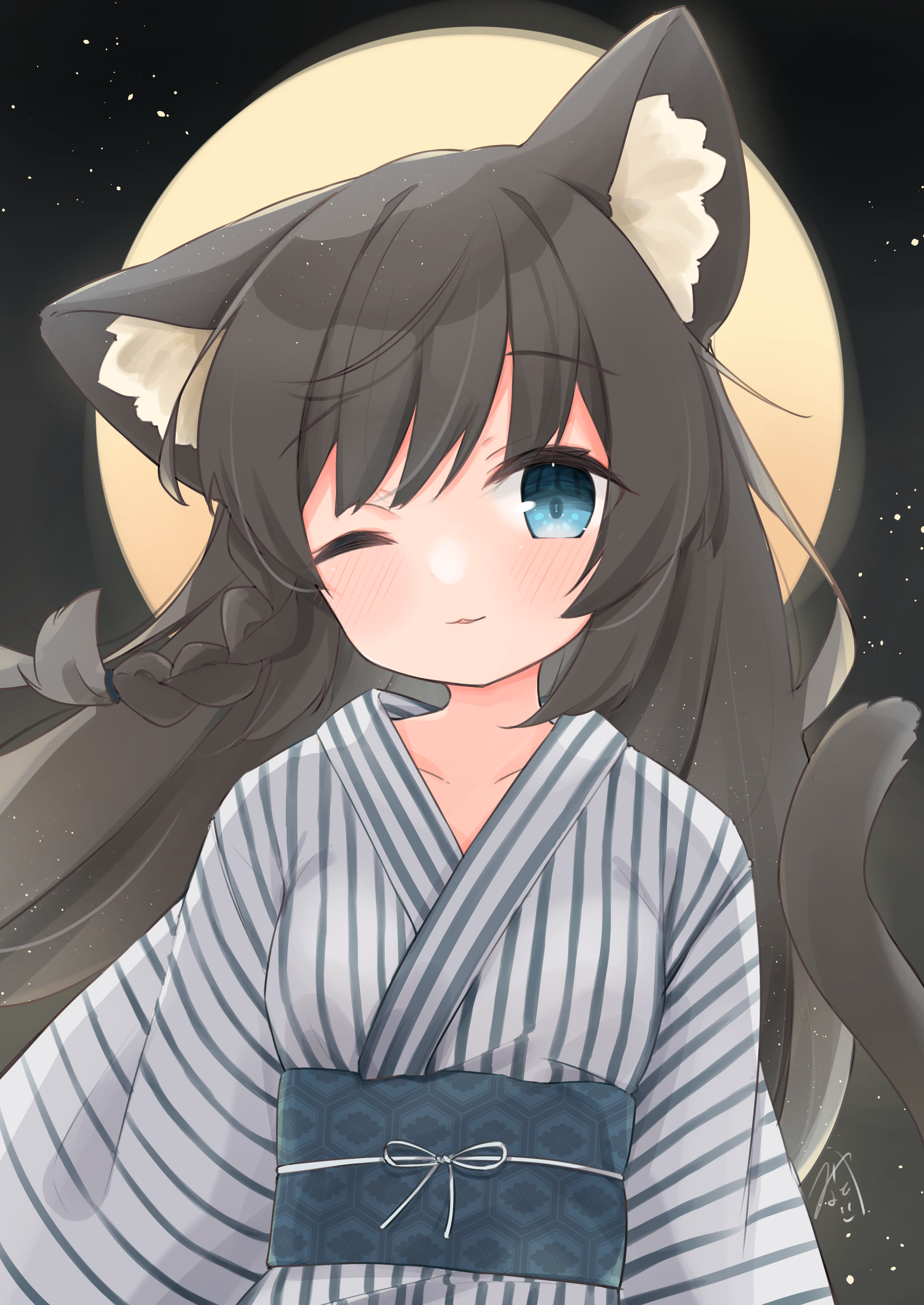minato yu (0514), original, absurdres, commentary, commission, commissioner upload, highres, non-web source, skeb commission, 1girl, animal ear fluff, animal ears, black hair, blue eyes, blush, braid, cat ears, cat tail, full moon, japanese clothes, kimono, long hair, looking at viewer, mewry (fuki nyan), moon, obi, obijime, one eye closed, parted lips, sash, single braid, solo, striped clothes, striped kimono, tail, tail raised, upper body, vertical-striped clothes, vertical-striped kimono, very long hair