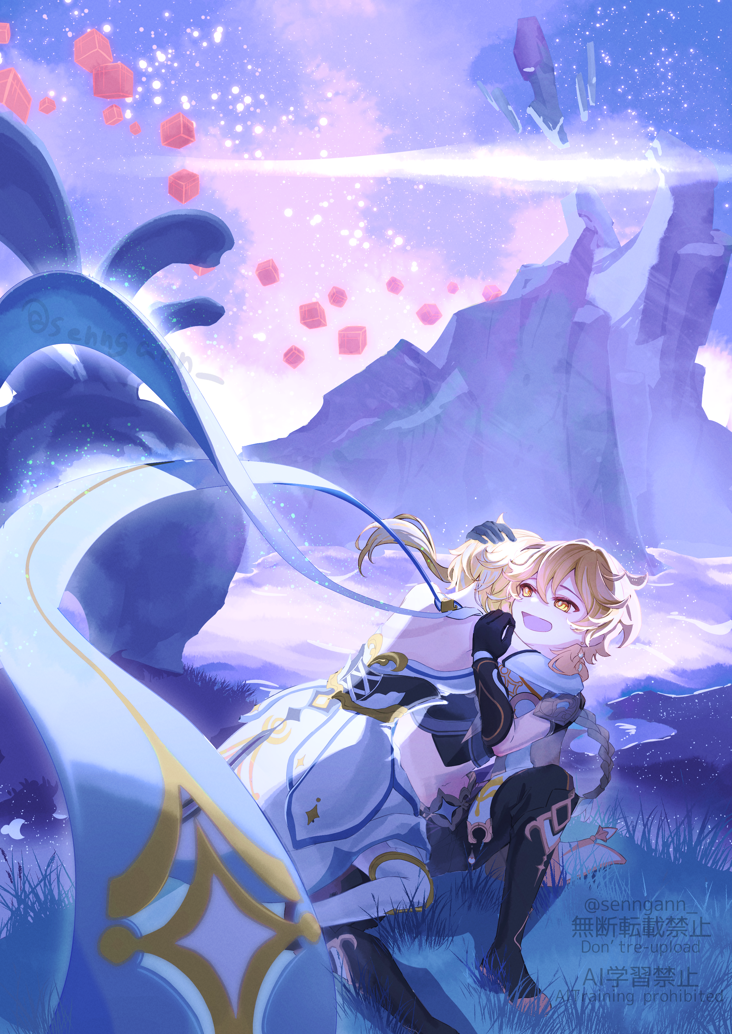 sengan (senngann), aether (genshin impact), lumine (genshin impact), genshin impact, absurdres, commentary request, highres, 1boy, 1girl, ahoge, backless dress, backless outfit, bare shoulders, black gloves, blonde hair, blue trim, boots, braid, breasts, brother and sister, brown boots, brown pants, brown shirt, crop top, dress, earrings, full body, gloves, hair between eyes, hair ornament, hug, jewelry, knee boots, long hair, medium breasts, midriff, navel, open mouth, outdoors, pants, scarf, shirt, short hair, short hair with long locks, siblings, sidelocks, single braid, single earring, sitting, sleeveless, sleeveless dress, thigh boots, twins, vambraces, watermark, white boots, white dress, white scarf, yellow eyes