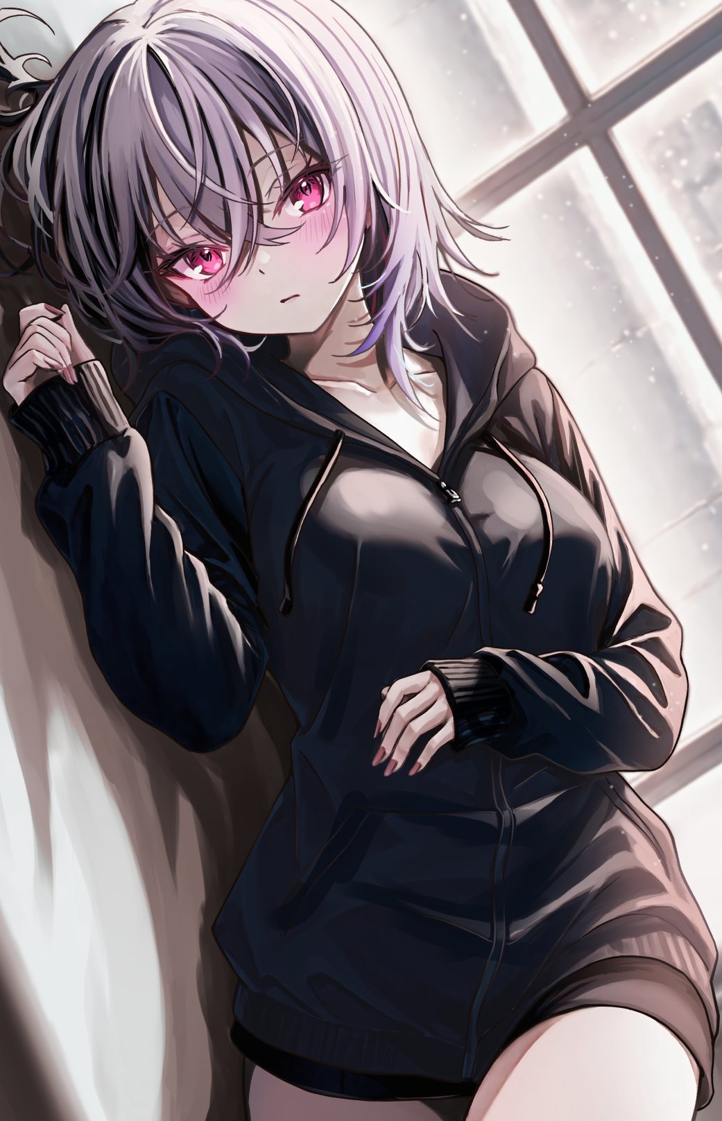 derk maxx, isaki riona, hololive, hololive dev is, highres, 1girl, alternate costume, blush, dutch angle, grey hair, hood, hooded jacket, jacket, long hair, looking at viewer, lying, on side, pink eyes, shorts, solo, virtual youtuber