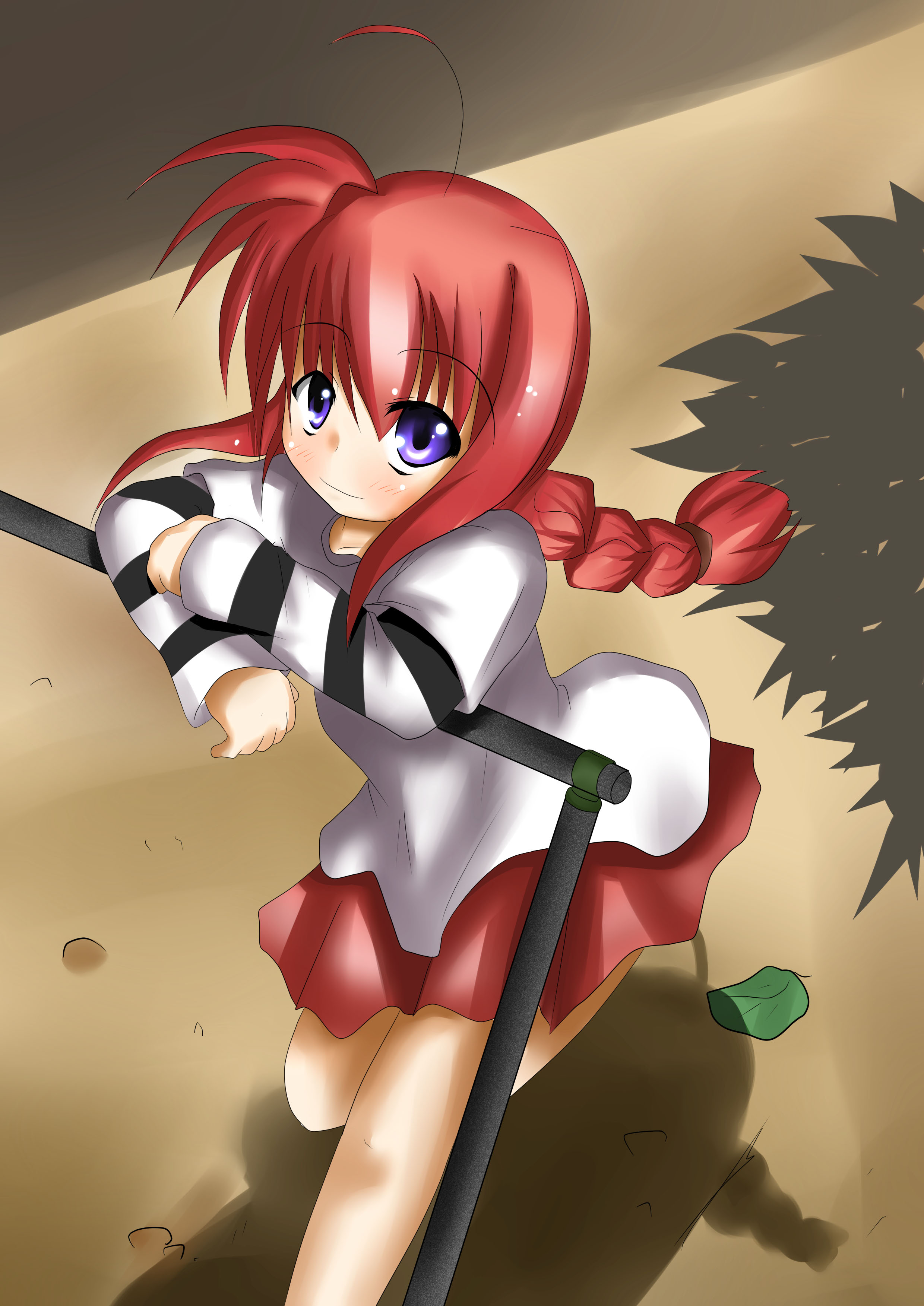 shi ecchi, vita (nanoha), lyrical nanoha, mahou shoujo lyrical nanoha, absurdres, highres, 00s, 1girl, ahoge, blue eyes, braid, female focus, red hair, shirt, solo, t-shirt