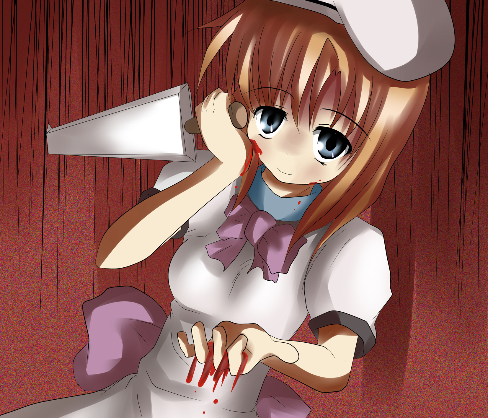 shi ecchi, ryuuguu rena, higurashi no naku koro ni, highres, 00s, 1girl, billhook, blood, blue eyes, brown hair, female focus, hashitsuki nata, hat, hatchet, nata (tool), orange hair, solo, yandere