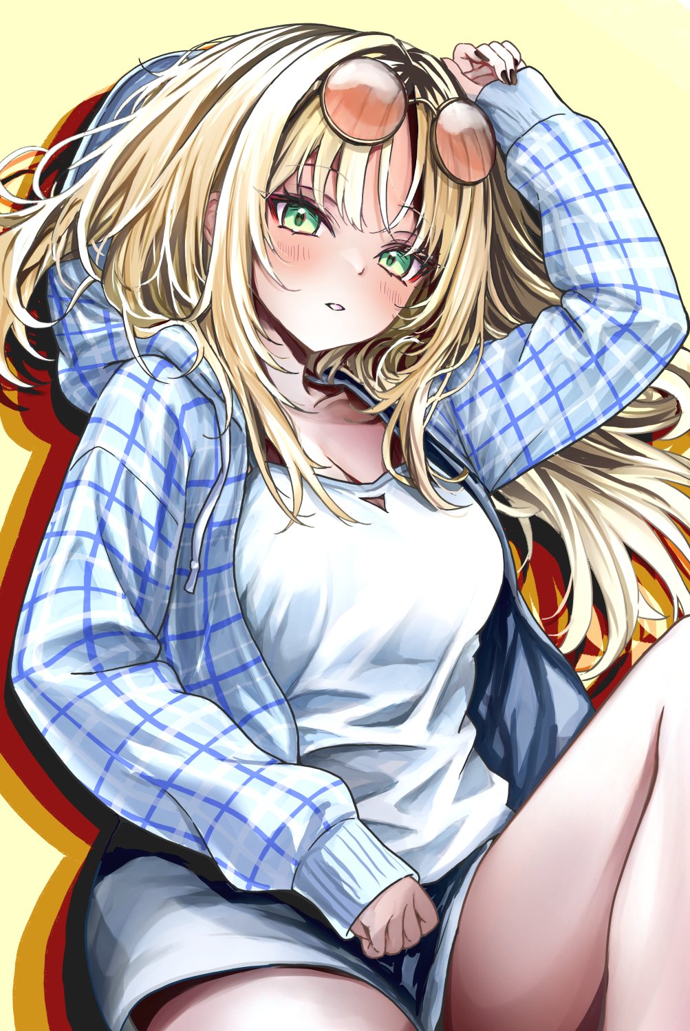 derk maxx, koganei niko, hololive, hololive dev is, highres, 1girl, alternate costume, blonde hair, blush, eyewear on head, green eyes, hair intakes, jacket, long hair, looking at viewer, open clothes, open jacket, shorts, solo, sunglasses, virtual youtuber