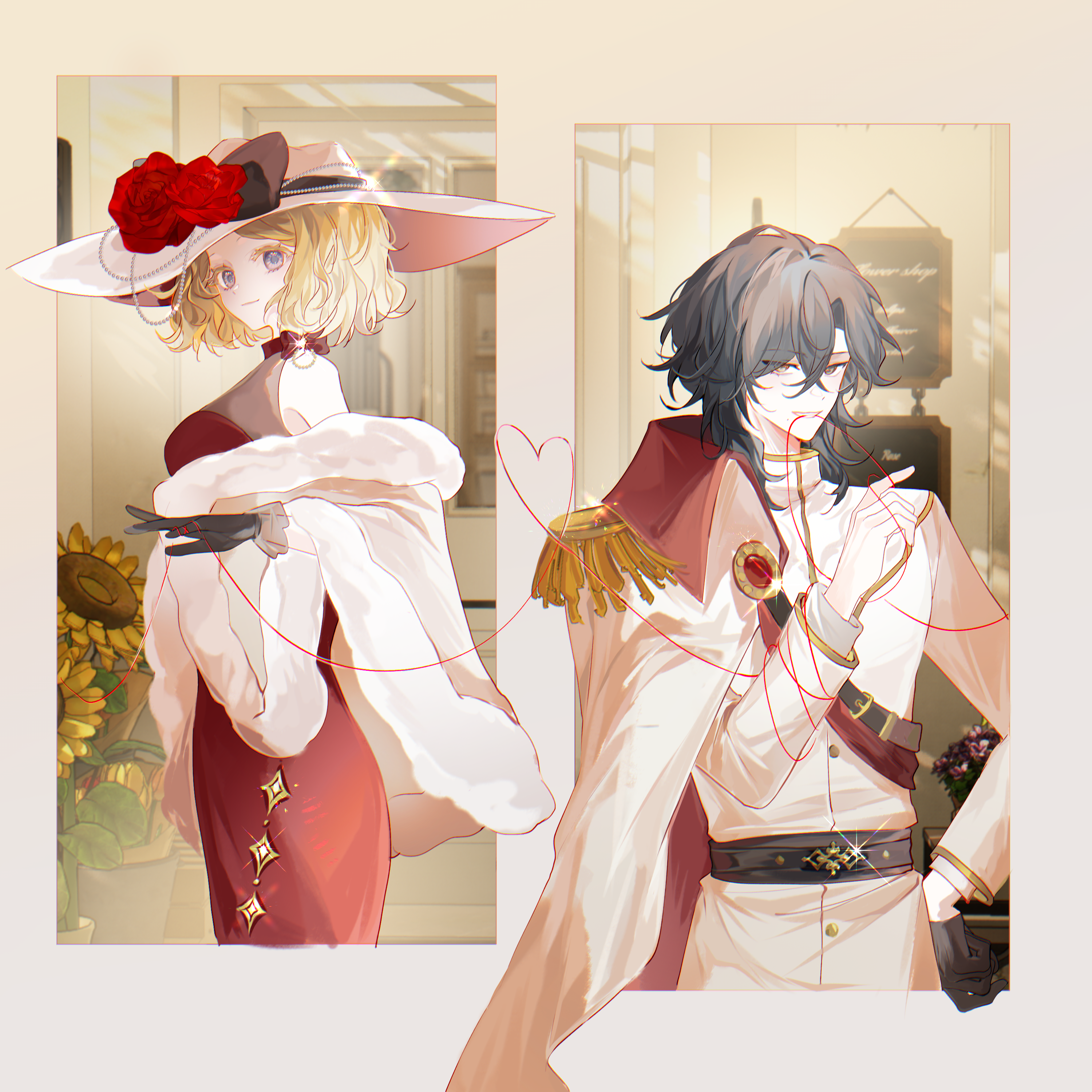 siiiiiiiiiii, identity v, absurdres, highres, 1boy, 1girl, bare shoulders, belt, black belt, black gloves, black hair, blonde hair, blue eyes, bow, cape, closed mouth, coat, coat on shoulders, dress, epaulettes, evelyn mora, flower, fur trim, gloves, grey eyes, hand on own hip, hat, hat flower, heart, heart of string, heterochromia, holding, jacket, jewelry, long sleeves, looking at viewer, medium hair, mole, mole under mouth, mouth hold, official alternate costume, red cape, red dress, red flower, red rose, richard sterling, rose, short hair, sleeveless, sleeveless dress, smile, standing, string, string of fate, sun hat, sunflower, white cape, white coat, white gloves, white jacket, yellow flower
