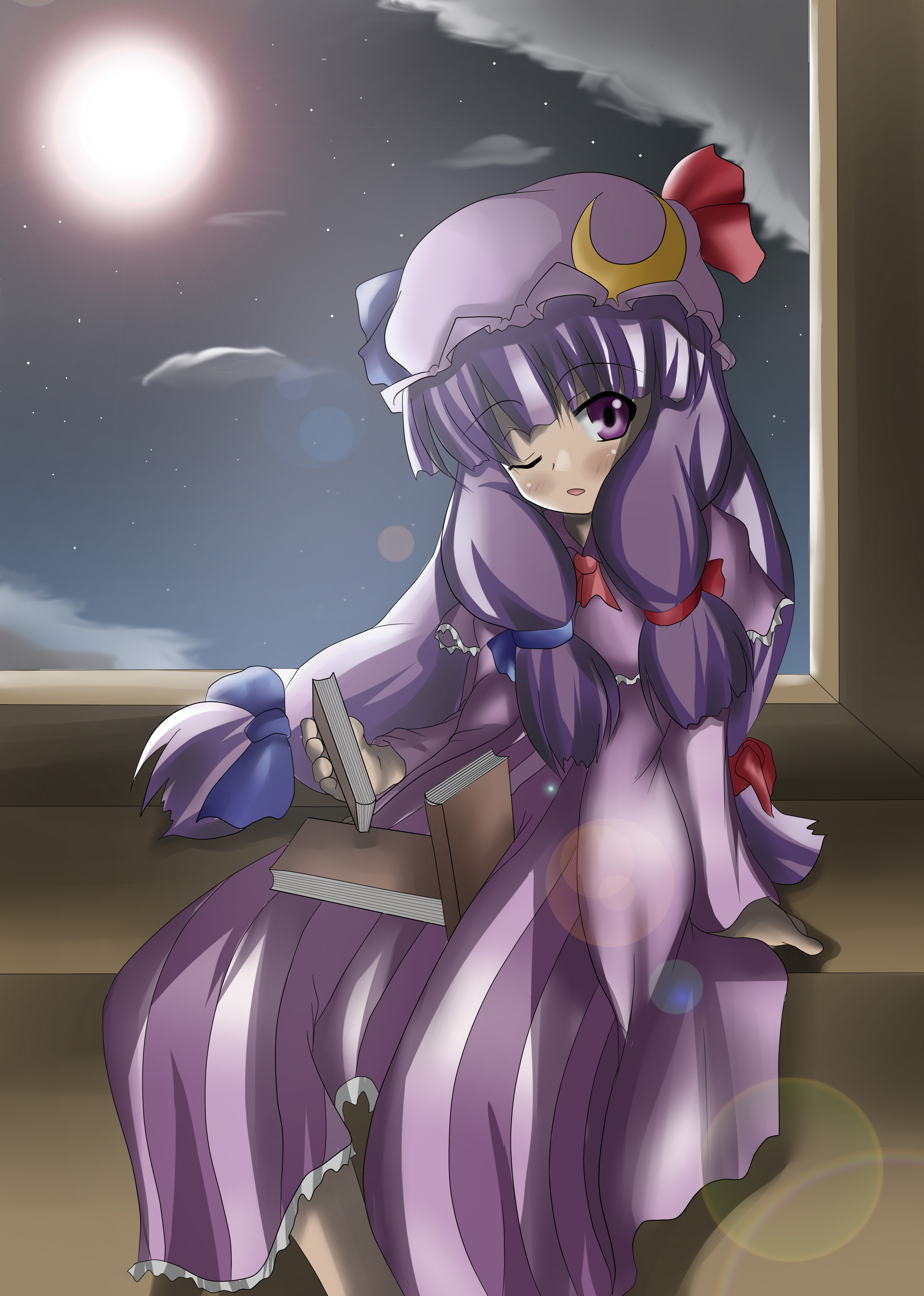 shi ecchi, patchouli knowledge, touhou, absurdres, highres, photoshop (medium), 1girl, book, cloud, crescent hat ornament, female focus, hat, hat ornament, indoors, long hair, moon, night, one eye closed, pajamas, purple eyes, purple hair, ribbon, sitting, sky, solo, wink