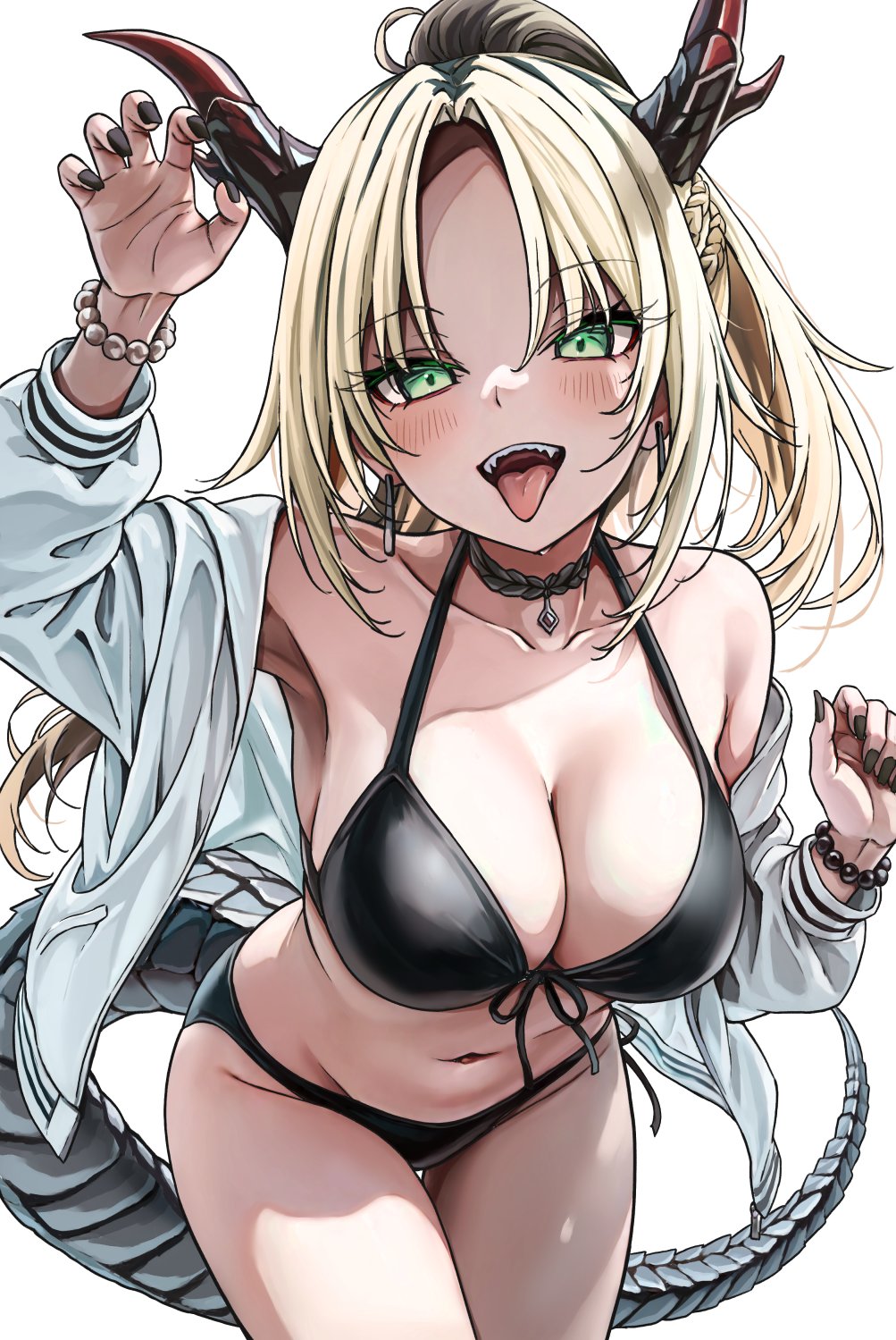 derk maxx, koganei niko, hololive, hololive dev is, highres, 1girl, bare shoulders, bead bracelet, beads, bikini, black bikini, blonde hair, bracelet, braid, breasts, choker, cleavage, dragon horns, dragon tail, earrings, green eyes, horns, jacket, jewelry, large breasts, looking at viewer, nail polish, navel, open clothes, open jacket, ponytail, sharp teeth, solo, swimsuit, tail, teeth, tongue, tongue out, virtual youtuber