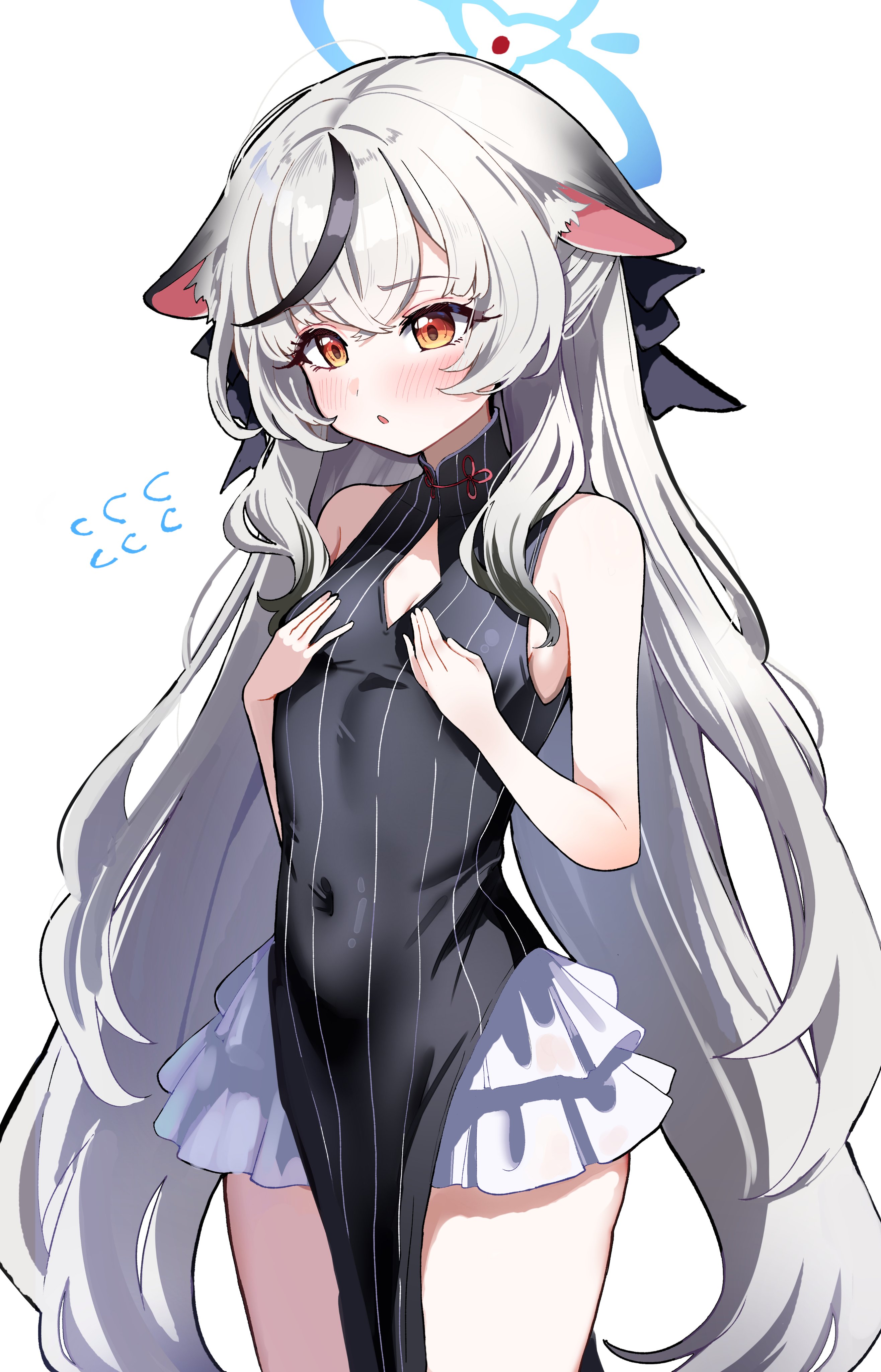 sak (lemondisk), kokona (blue archive), blue archive, absurdres, commentary request, highres, 1girl, animal ear fluff, animal ears, bare arms, black dress, black streaks, blue halo, blush, breast conscious, breasts, cleavage cutout, clothing cutout, covered navel, cowboy shot, crossed bangs, dress, flying sweatdrops, grey hair, halo, hand on own chest, layered skirt, long hair, open mouth, orange eyes, pelvic curtain, simple background, skirt, sleeveless, sleeveless dress, small breasts, solo, thighs, tiger ears, tiger girl, very long hair, white background, white skirt