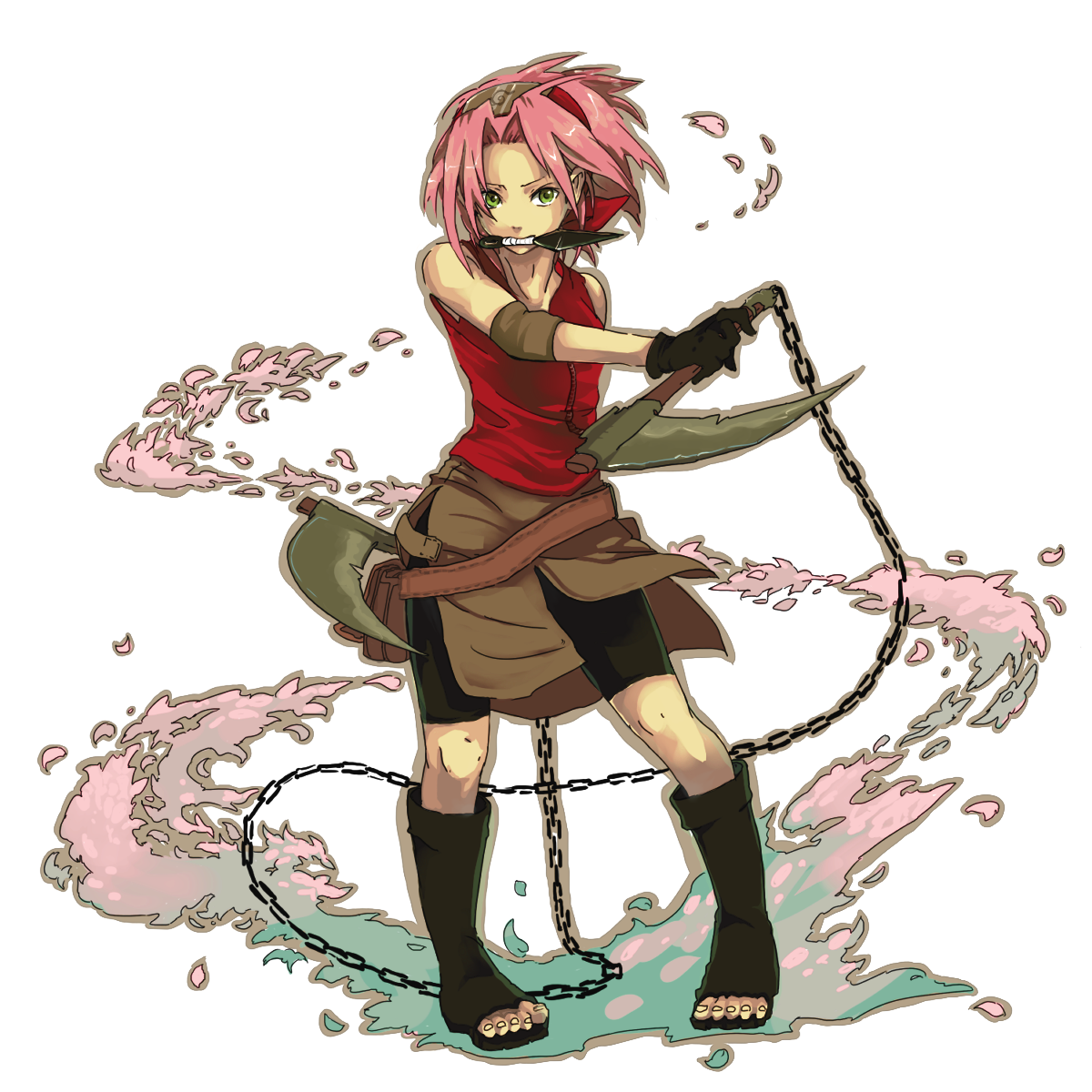 miyano a, haruno sakura, naruto (classic), naruto (series), naruto shippuuden, black footwear, toeless footwear, highres, 1girl, arm warmers, bag, bare shoulders, belt, bike shorts, black gloves, boots, brown skirt, chain, chain scythe, cherry blossoms, dual wielding, female focus, full body, gloves, green eyes, headband, headdress, holding, holding weapon, knee boots, kunai, kusarigama, looking to the side, mouth hold, petals, pigeon-toed, pink hair, red shirt, shirt, shoes, short hair, shorts, shorts under skirt, sickle, side slit, simple background, skin tight, skirt, sleeveless, sleeveless shirt, solo, spandex, toes, weapon, white background, wind