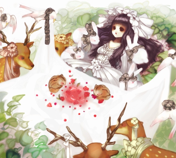 emi, emi (emi43), sleeping beauty (disney), sleeping beauty (fairy tale), folklore, 1girl, animal, bow, cherry, deer, fairy tales, female focus, flower, food, fruit, gothic lolita, leaf, lolita fashion, plant, purple hair, rabbit, ribbon, solo, squirrel