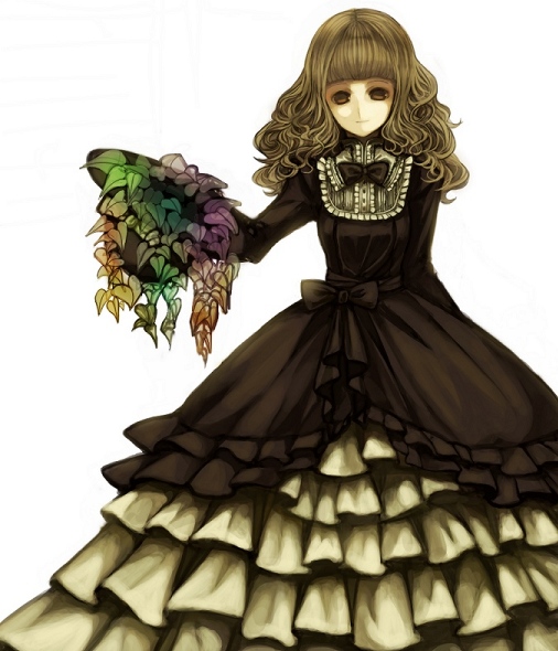 emi, emi (emi43), 1girl, a line gown, blonde hair, bow, colorful, curly hair, dress, female focus, frills, goth fashion, gothic lolita, hat, leaf, lolita fashion, long hair, plant, ribbon, solo, victorian, vines