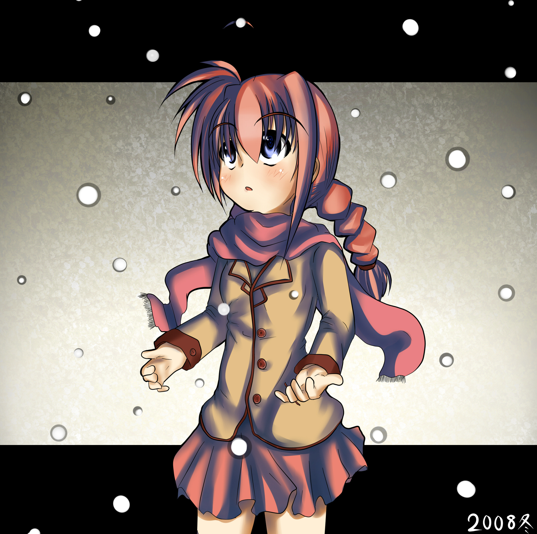 shi ecchi, vita (nanoha), lyrical nanoha, mahou shoujo lyrical nanoha, highres, 00s, blue eyes, braid, red hair, scarf, skirt, snow, solo