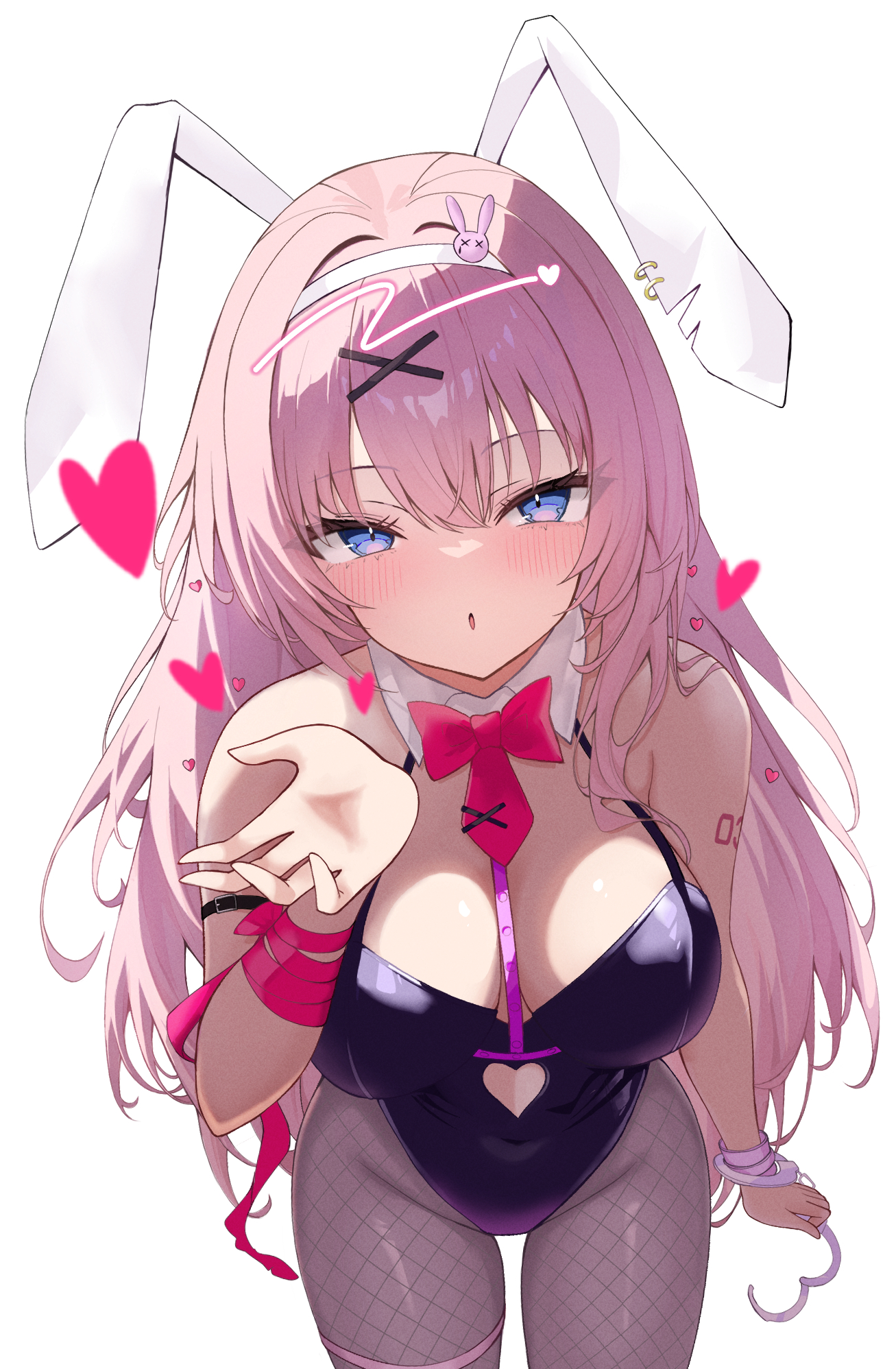 eikawa suru, megurine luka, rabbit hole (vocaloid), commentary request, highres, 1girl, :o, adapted costume, animal ears, arm strap, bare shoulders, black leotard, blowing kiss, blue eyes, blush, bow, bowtie, breasts, breasts apart, chest harness, collar, covered groin, cowboy shot, cuffs, detached collar, fake animal ears, fishnet pantyhose, fishnets, hair between eyes, hair ornament, hairband, hairclip, hand up, handcuffs, harness, heart, heart-shaped pupils, highleg, highleg leotard, large breasts, leaning forward, leotard, long hair, long sidelocks, looking at viewer, necktie, pantyhose, parted lips, pink hair, pink ribbon, playboy bunny, purple pantyhose, rabbit ears, rabbit hair ornament, red bow, red bowtie, ribbon, short necktie, shoulder tattoo, sidelocks, simple background, solo, spaghetti strap, symbol-shaped pupils, tattoo, thigh strap, very long hair, white background, white collar, white hairband, wrist ribbon
