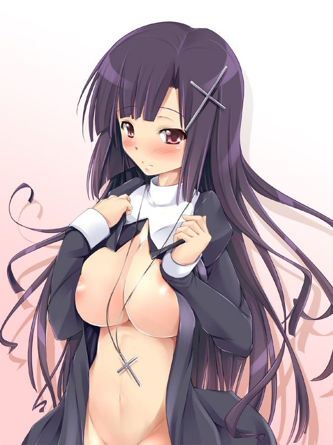 fct, sara da pranzo, sdp, zange, kannagi, 00s, 1girl, black hair, blush, breasts, cleavage, cross, cross necklace, female focus, gradient background, jewelry, large breasts, long hair, looking at viewer, necklace, no bra, open clothes, pendant, purple hair, red eyes, simple background, solo