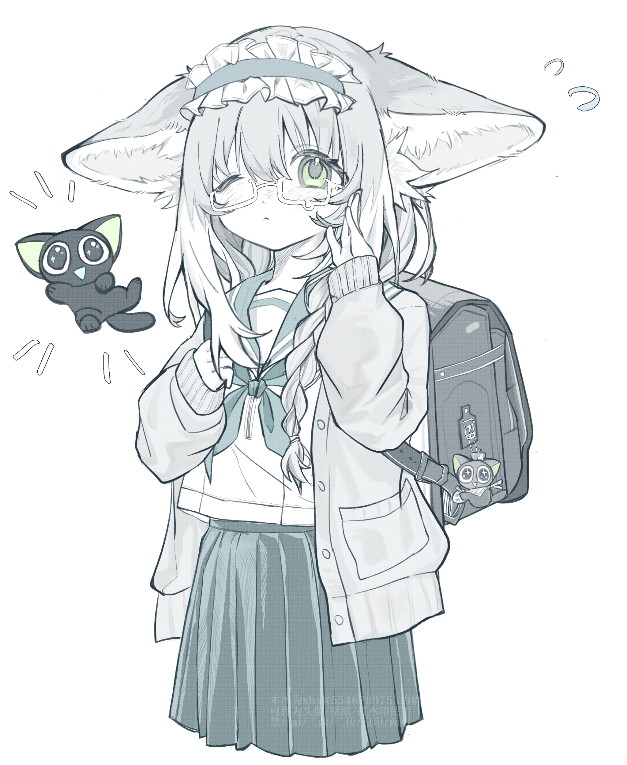luo xiaohei, luo xiaohei (cat), suzuran (arknights), arknights, luo xiaohei zhanji, absurdres, chinese commentary, commentary request, commission, highres, second-party source, 1girl, alternate costume, animal ears, backpack, bag, black cat, blue hairband, blue neckerchief, blue sailor collar, blue skirt, braid, cardigan, cat, cat charm, closed mouth, flying sweatdrops, fox ears, fox girl, frilled hairband, frills, glasses, green eyes, grey cardigan, hairband, limited palette, long sleeves, miniskirt, neckerchief, no tail, one eye closed, pleated skirt, puffy long sleeves, puffy sleeves, sailor collar, school uniform, serafuku, shirt, simple background, single braid, skirt, teardrop-framed glasses, uuu (xhs26559320494), watermark, white background, white shirt