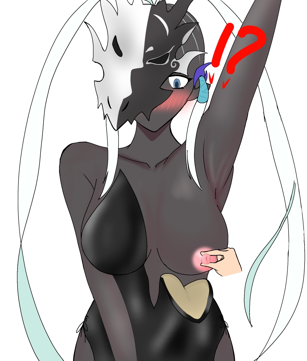 swordsoul (yu-gi-oh!), swordsoul of mo ye, yu-gi-oh!, artist request, 1girl, arm up, armpits, artist name, black skin, blue eyes, breasts, breasts out, collarbone, colored skin, covered eyes, female focus, helmet, helmet over eyes, large breasts, long hair, mask, mask on head, mask over one eye, nipples, one breast out, playboy bunny, puffy nipples, rabbit tail, sidelocks, solo, twintails, white background, white hair